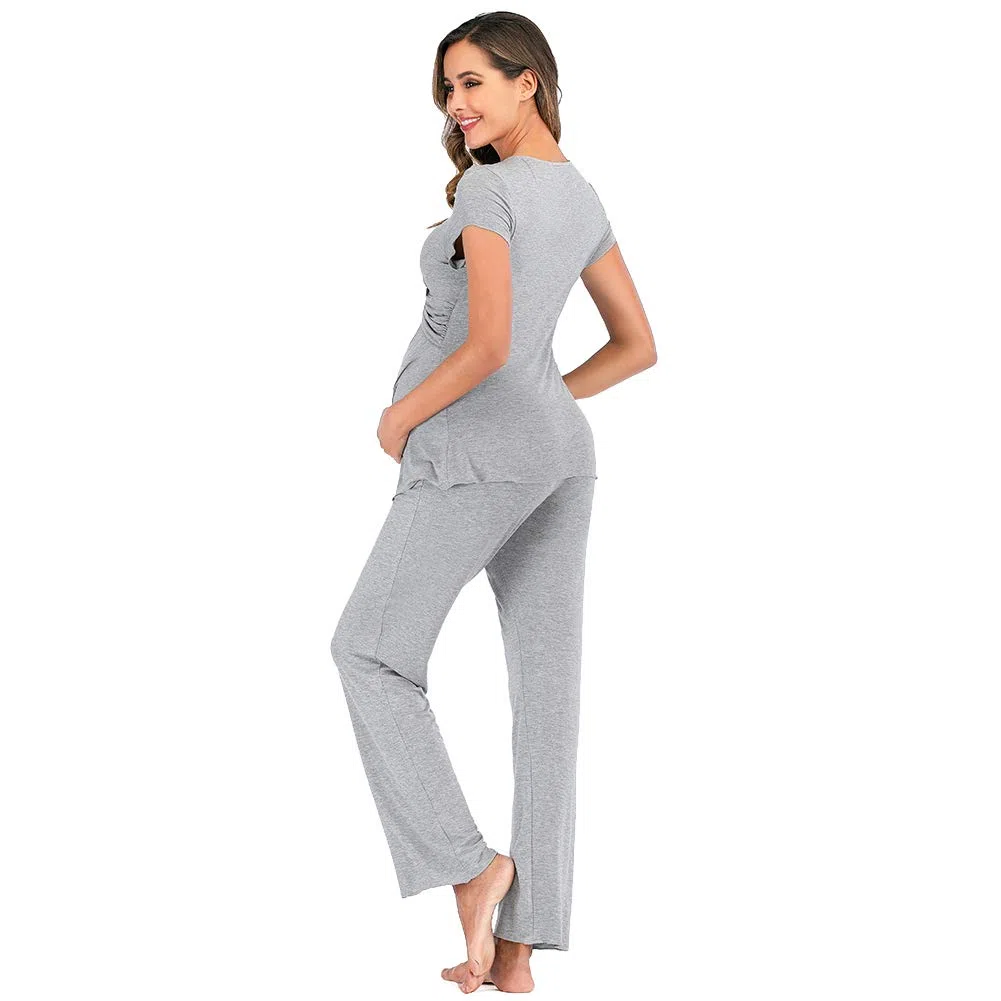 rismart Due Pezzi Pigiama Premaman Donna Camicia da Notte Allattamento Maniche Corte Magliette e Pantaloni Set