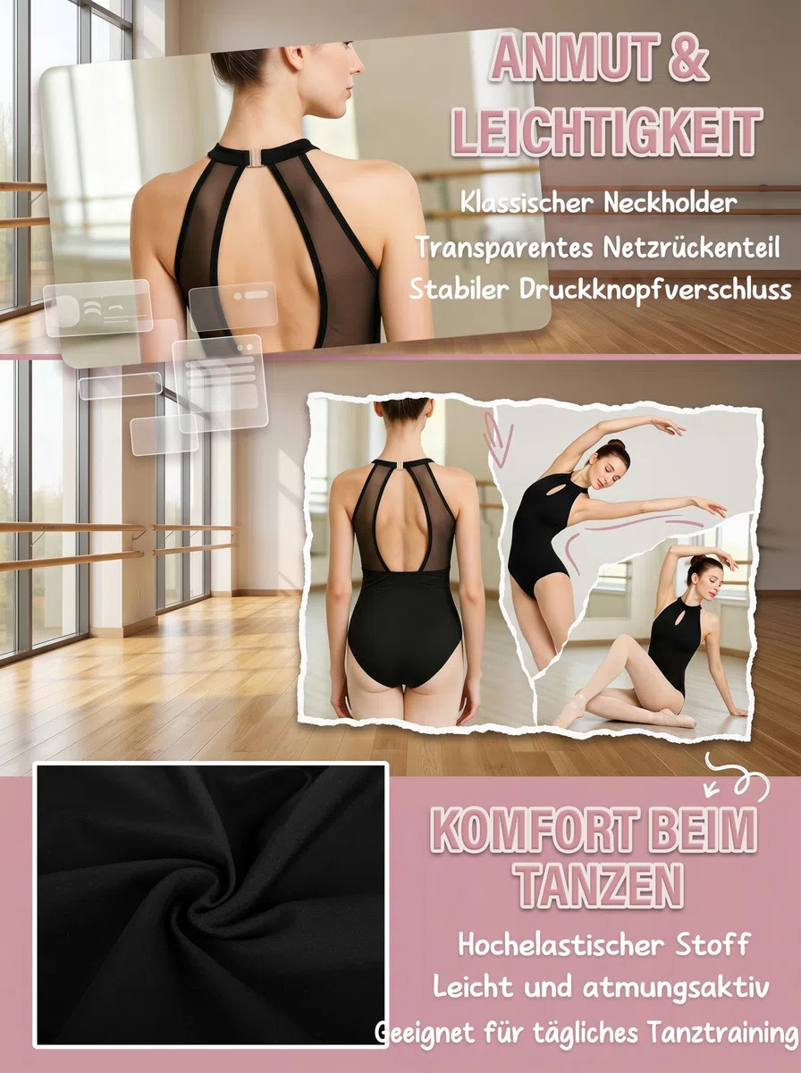 Body da donna nero allacciato al collo, abbigliamento da danza con ritaglio posteriore, tasche integrate sul petto