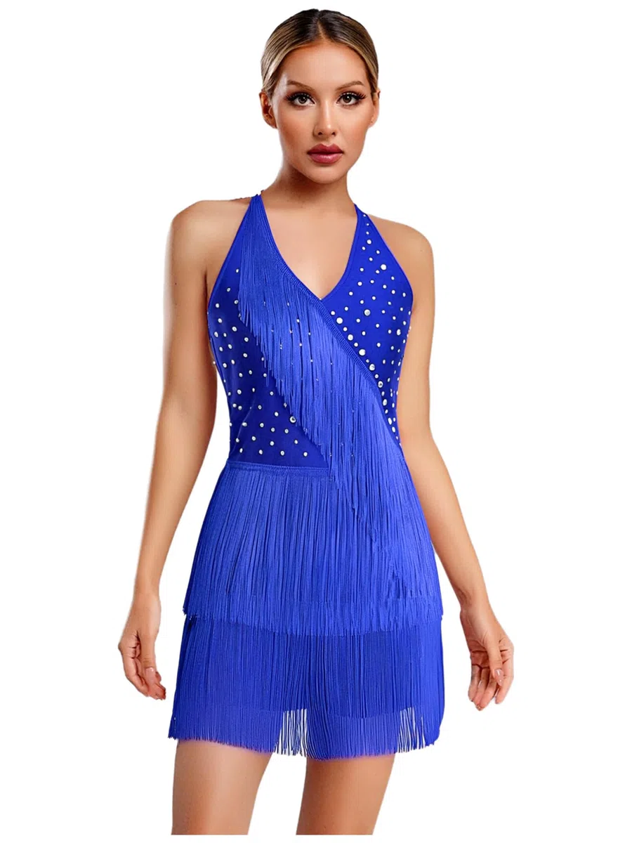 inhzoy Abito da Ballo Latino Americano Tango Donna con Nappe Strass Vestito Danza Classica Moderna con Frange Body Ginnastica Costume Danza Samba Rumba Salsa Dancewear