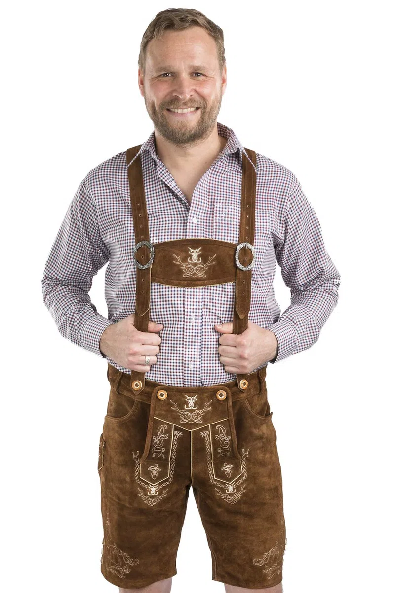 Schöneberger Trachten Couture Pantaloni di Cuoio Tradizionali da Cacciatore Alpino da Uomo con Bretelle - Pantaloni Corti Tradizionali di Cuoio