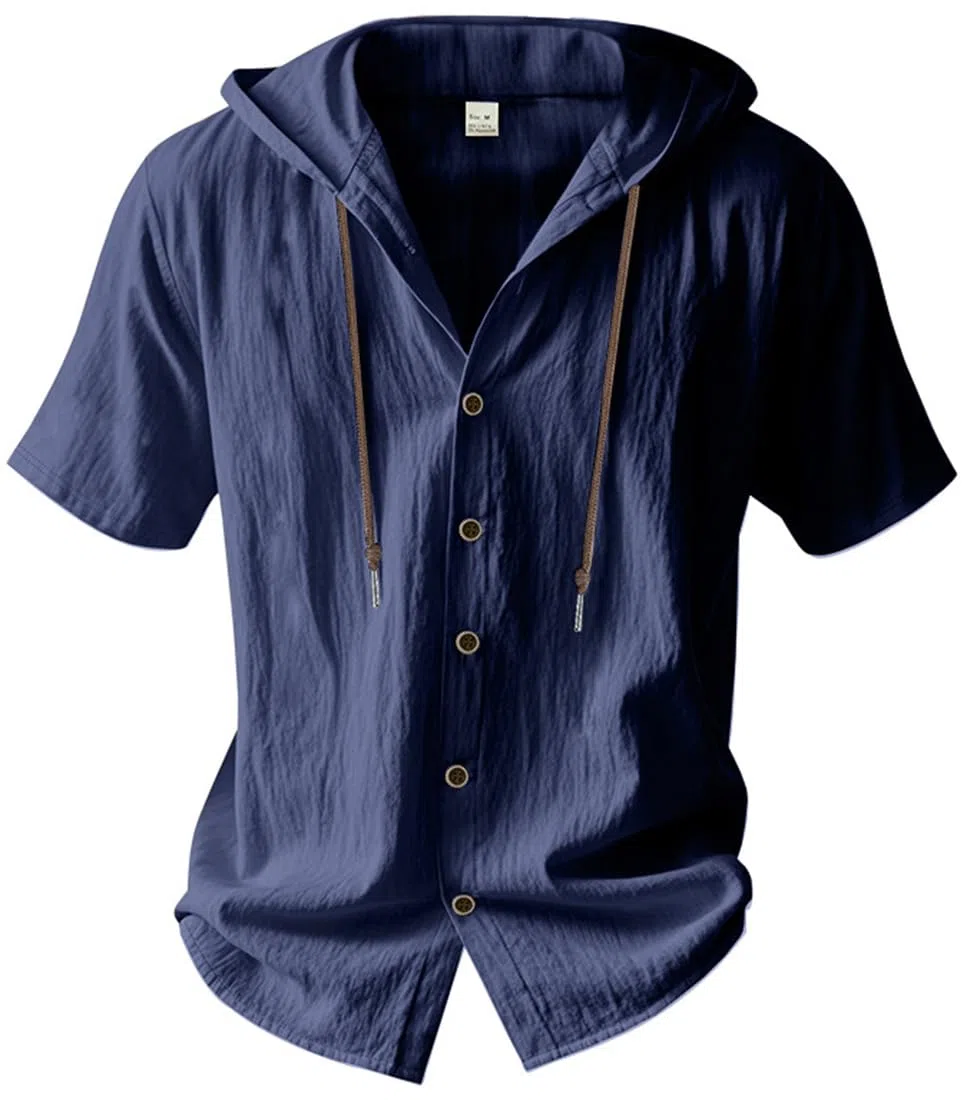 T-Shirt da Uomo in Lino a Maniche Corte con Cappuccio e Bottoni, Camicia in Lino, Cardigan con Cappuccio
