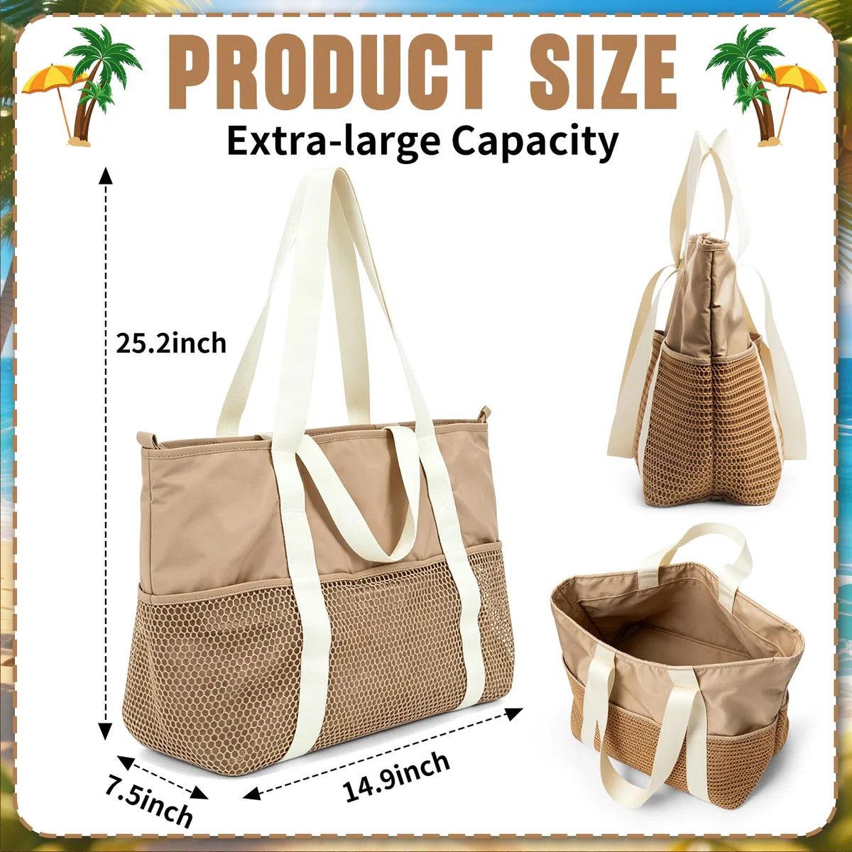 Borsa da spiaggia da donna, con chiusura lampo, grande borsa da spiaggia XXL, borsa per la famiglia, impermeabile, per piscina, borsa da spiaggia pieghevole