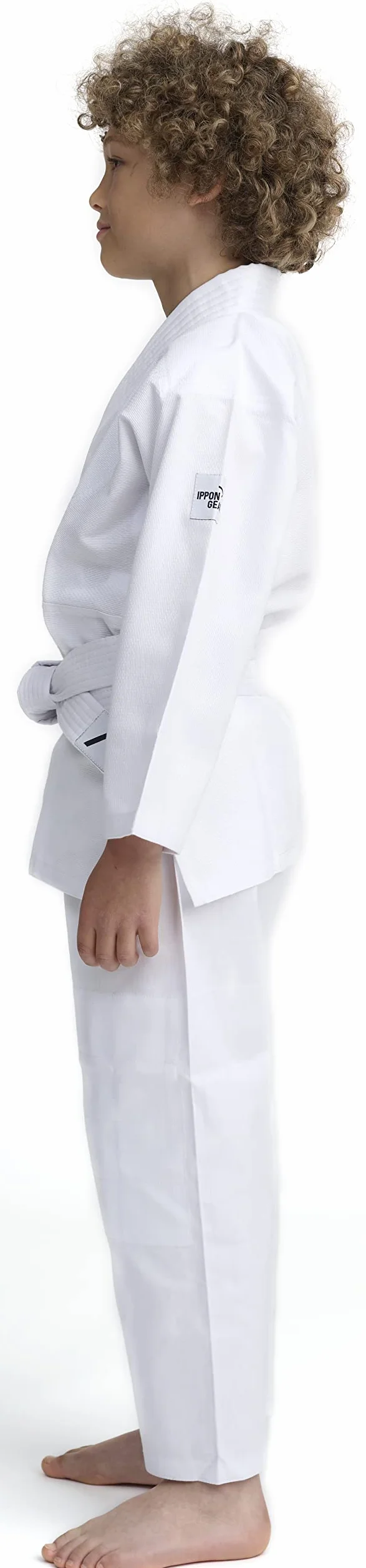 IPPONGEAR Tuta Judo Beginner 2 per Bambini con Cintura (Elastico in Vita e Coulisse sui Pantaloni, densità del Tessuto 190gr/m²) Bianco