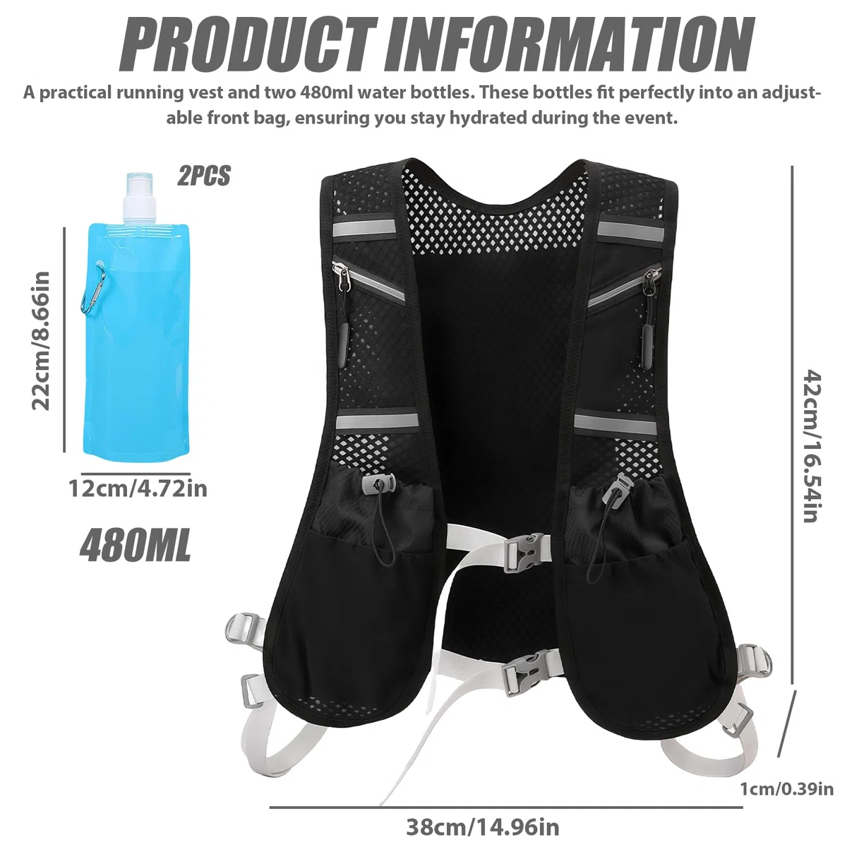 Wyety, Gilet da Corsa per Uomo e Donna con Zaino Riflettente Ultraleggero, 2 Bottiglie d'Acqua da 480 ml, Regolabile per Ciclismo, Maratone, Nero