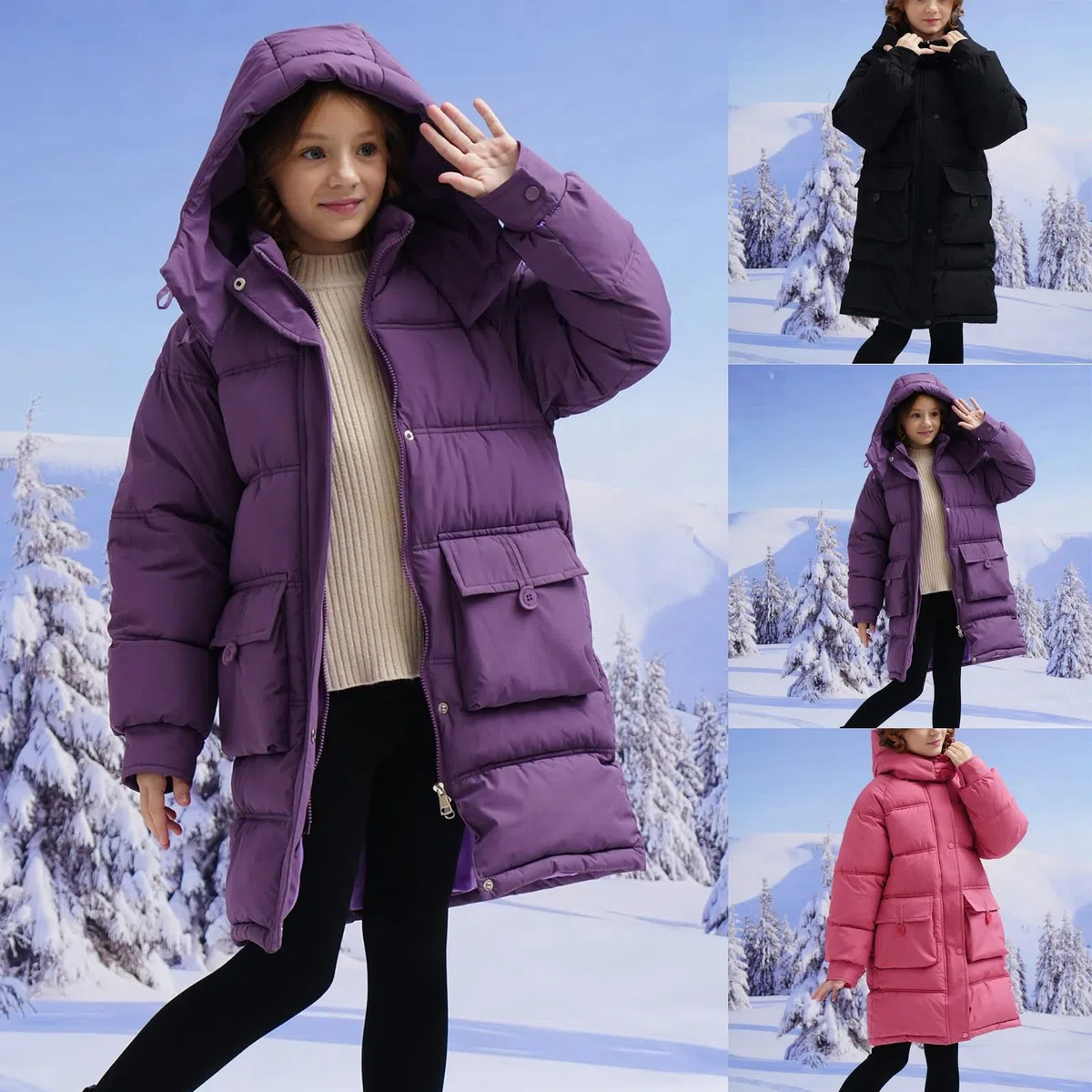 Piumino lungo al ginocchio con cappuccio con cerniera leggera tinta unita cappotto imbottito per bambini inverno caldo zip up antivento parka capispalla all'aperto antivento giacche da neve