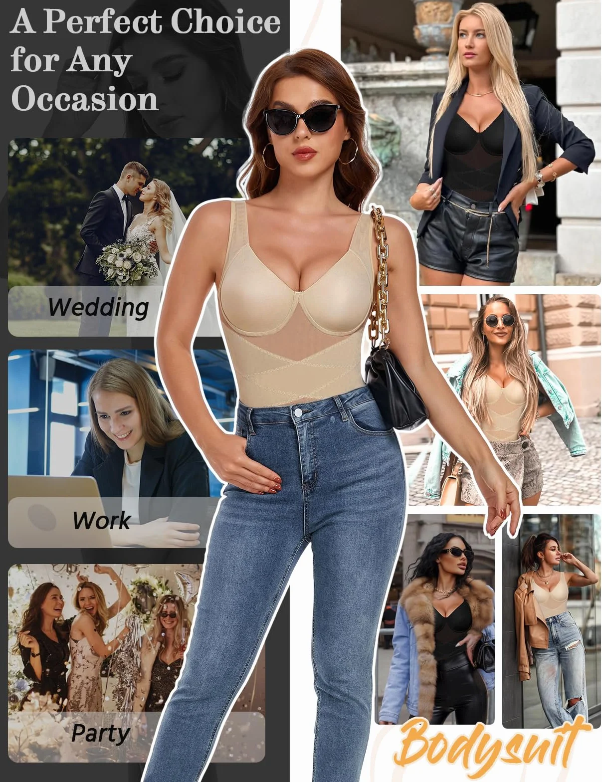UMIPUBO Body Contenitivo Modellante Donna Pancia Piatta Shapewear Bodysuit Body Mesh Shapewear Dimagrante Intimo Snellente Shaper V Collare Sexy Bustier Spallacci Larghi