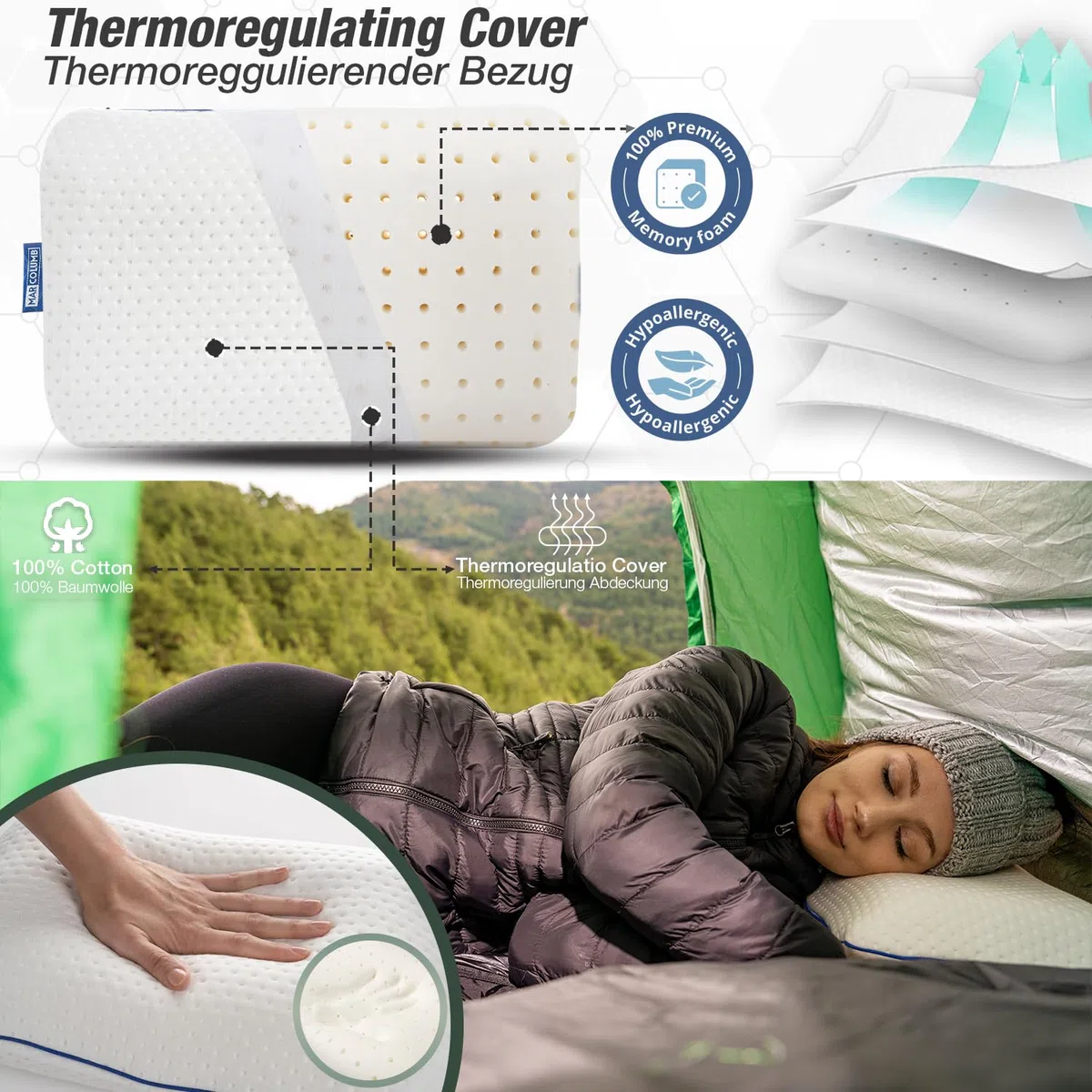 Cuscino da viaggio – Supporto ergonomico per il collo da campeggio in memory foam con federa termoregolante – Borsa da viaggio impermeabile inclusa (Nero)
