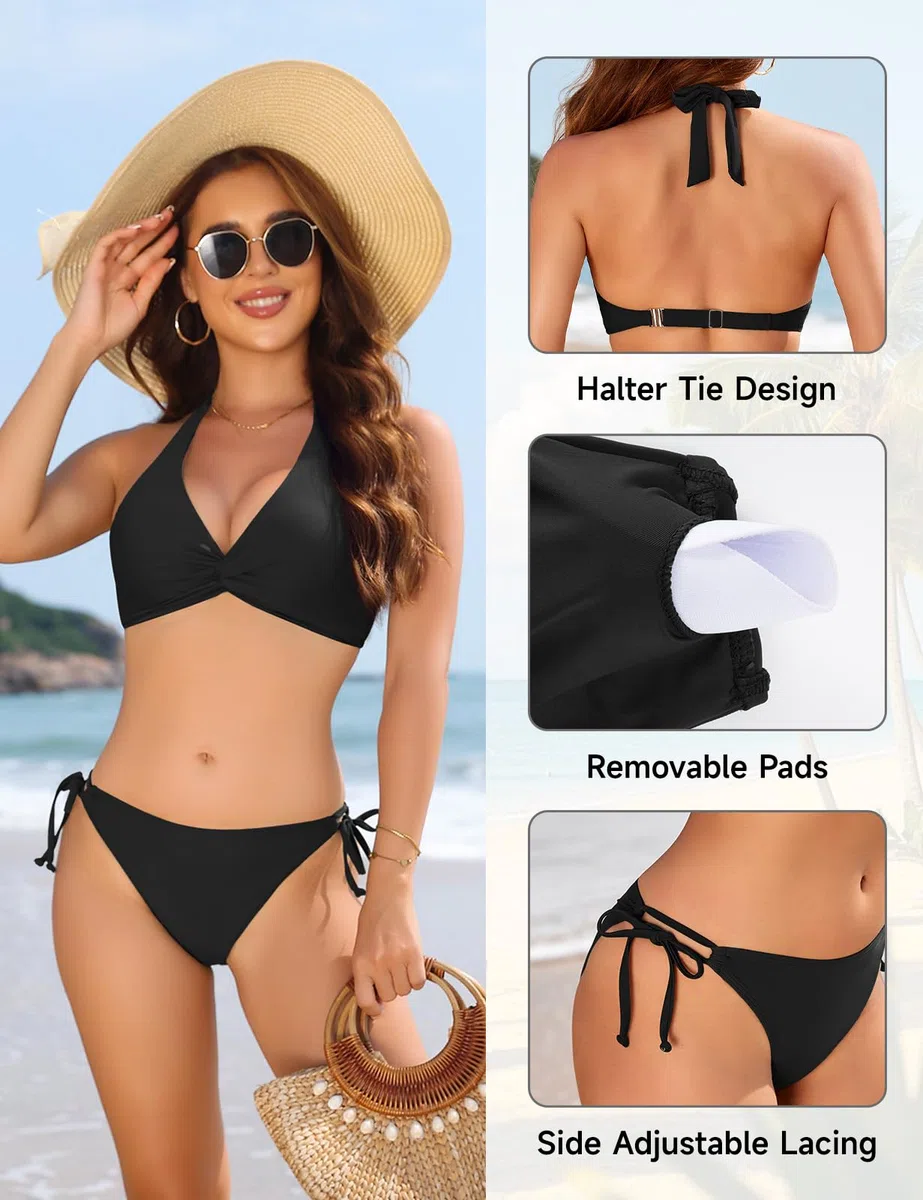 Costume Donna Due Pezzi Costumi da Bagno Halter Bikini Mare Reggiseno Push Up Sexy Beachwear Vita Alta Regolabili Swimsuit Tankini Swimwear