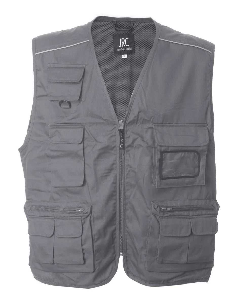 Siry Work Gilet senza maniche uomo multitasche, in cotone e poliestere, pesca, logistica, con tasca portabadge a scomparsa e profili rifrangenti, JRC Art. New Safari