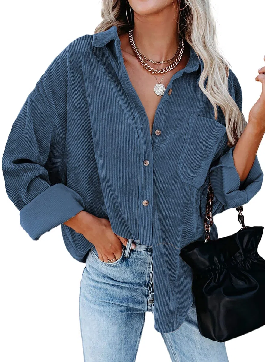 Necooer Camicia da donna in velluto a maniche lunghe con bottoni