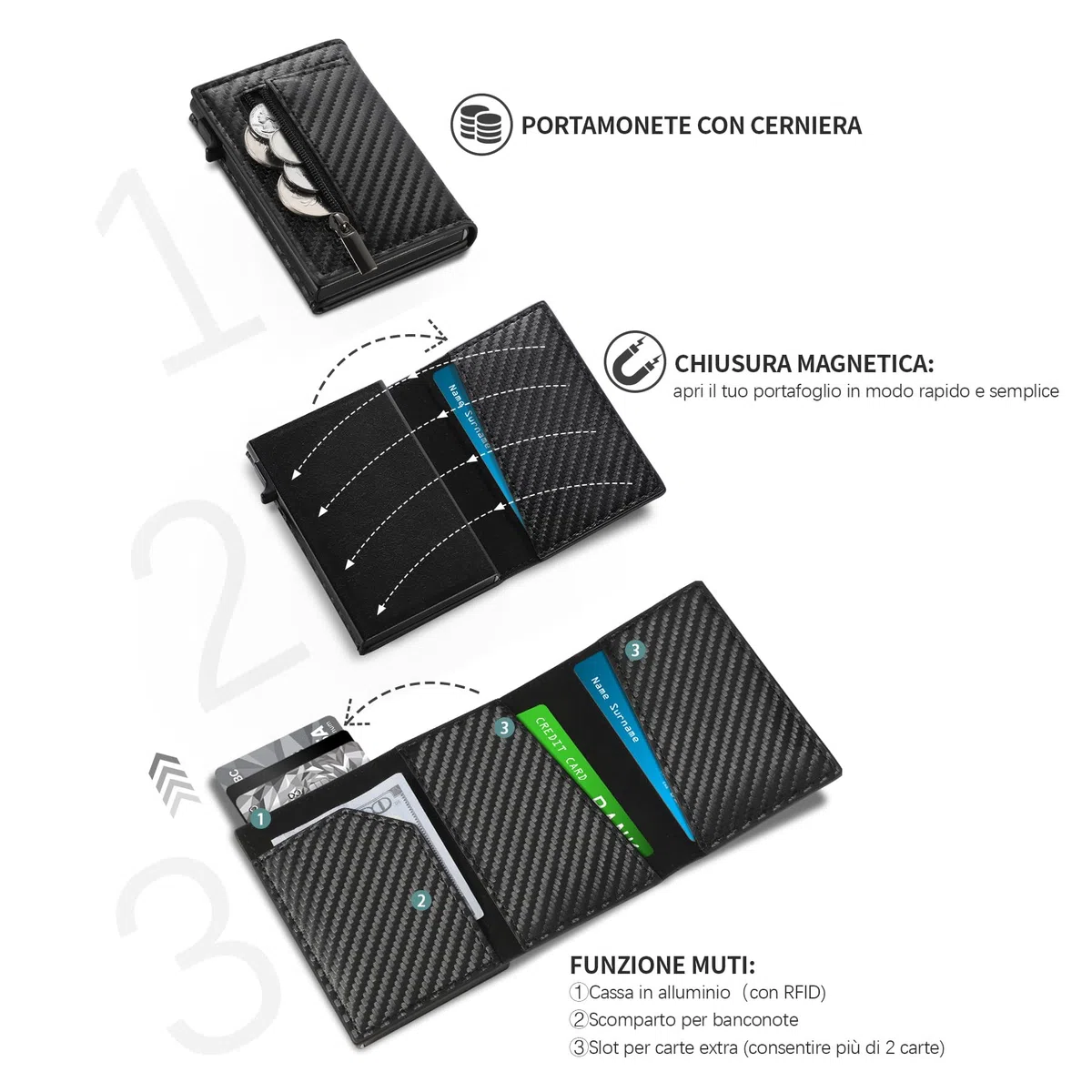 TENBST Portafoglio, Slim Porta Carte di Credito Uomo con RFID Anticlonazione, Portacarte Piccolo Magnetico, Porta Tessere con Portamonete e Contanti, Idea Regalo - Carbon Nero