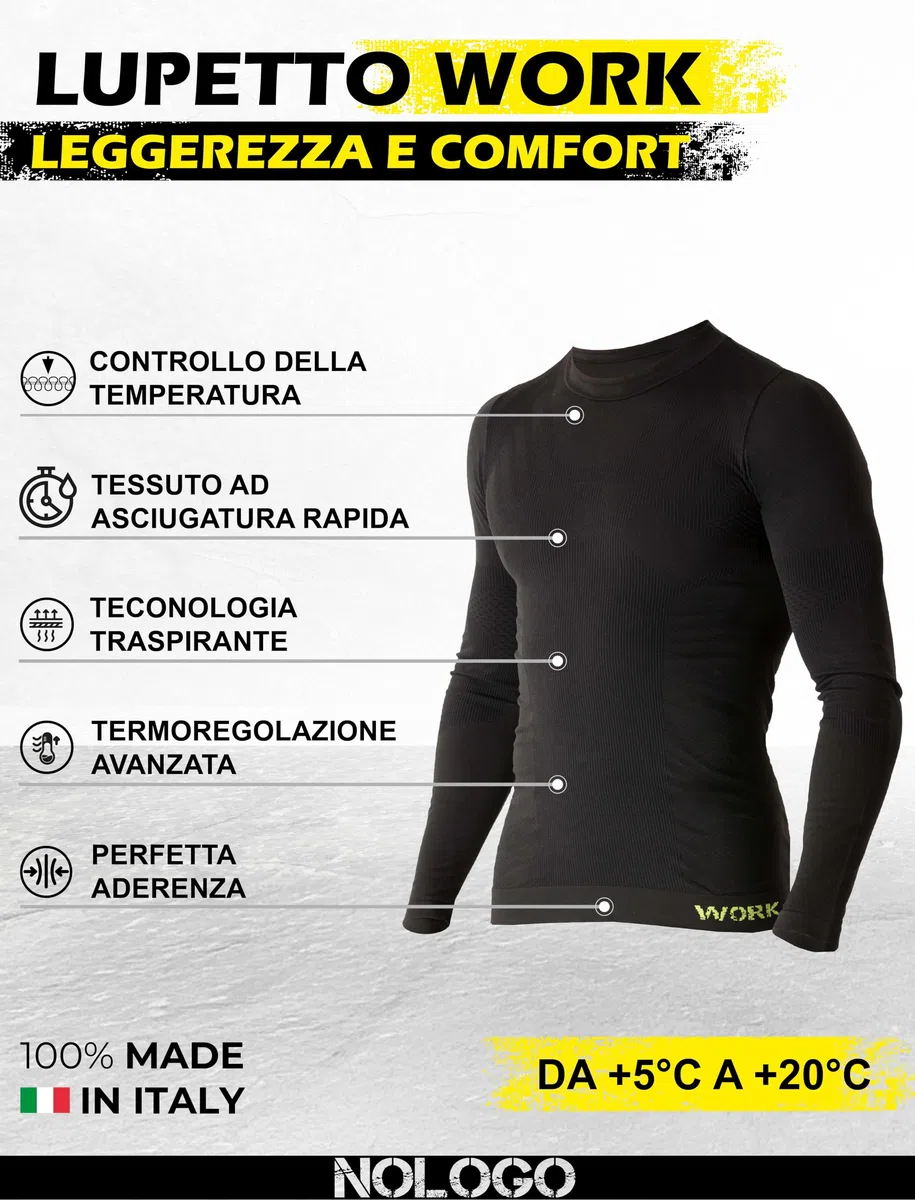 Maglia Termica Uomo Manica Lunga da Lavoro - Maglia Tecnica Traspirante, Intimo Termico Uomo Invernale, Senza Cuciture né Etichette, Elasticizzato - Made in Italy