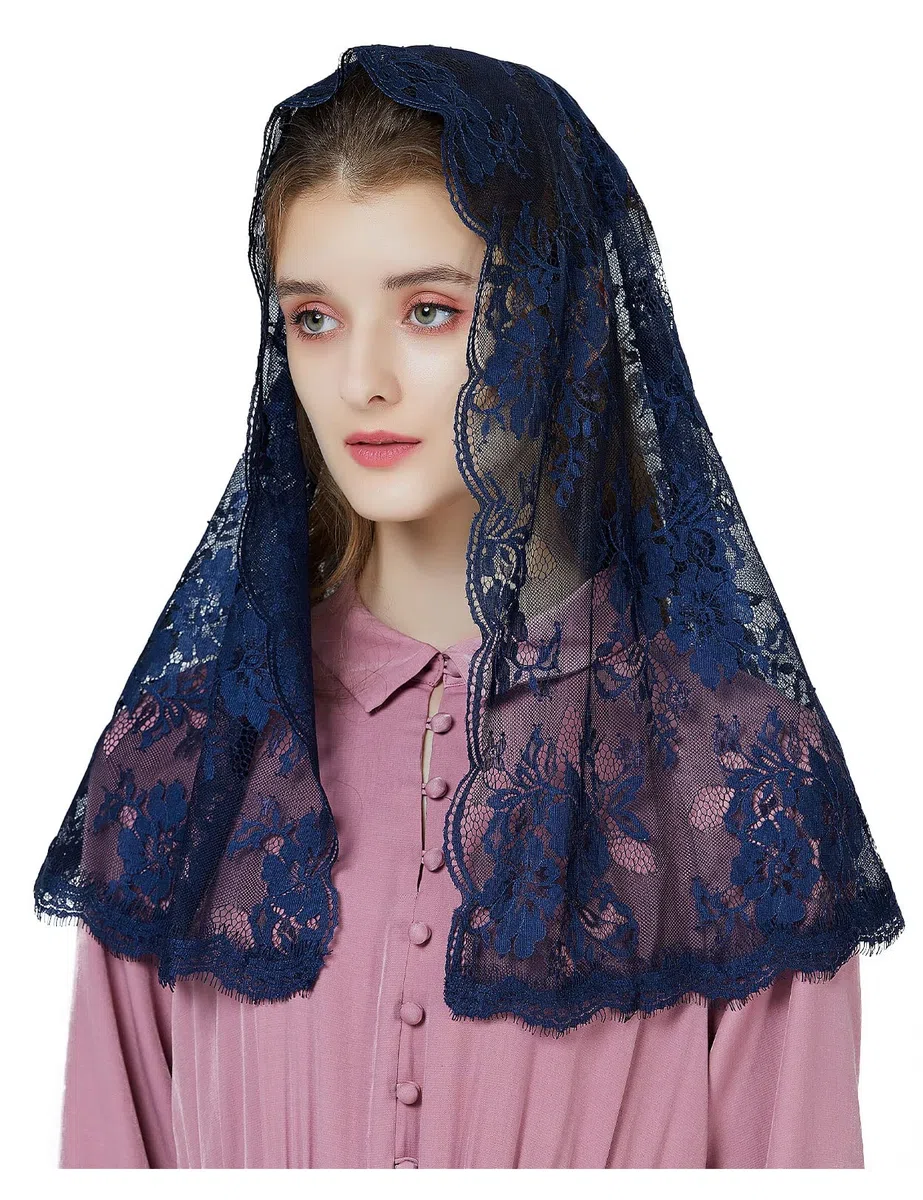 BEAUTELICATE Velo di Pizzo da Chiesa Donna Cattolica Mantilla Sciarpa Copricapo Foulard Velo Muliebre per Chiesa Messa In Latino Nero Blu V115
