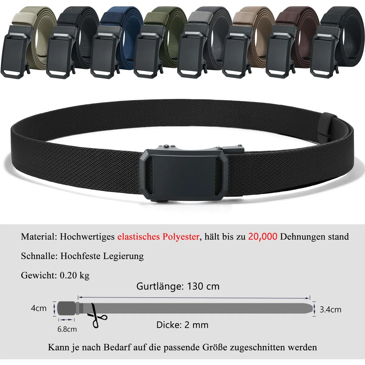 LionVII Cintura elastica a cricchetto con fibbia automatica, regolabile ed elastica, cintura da lavoro da uomo, 130 cm