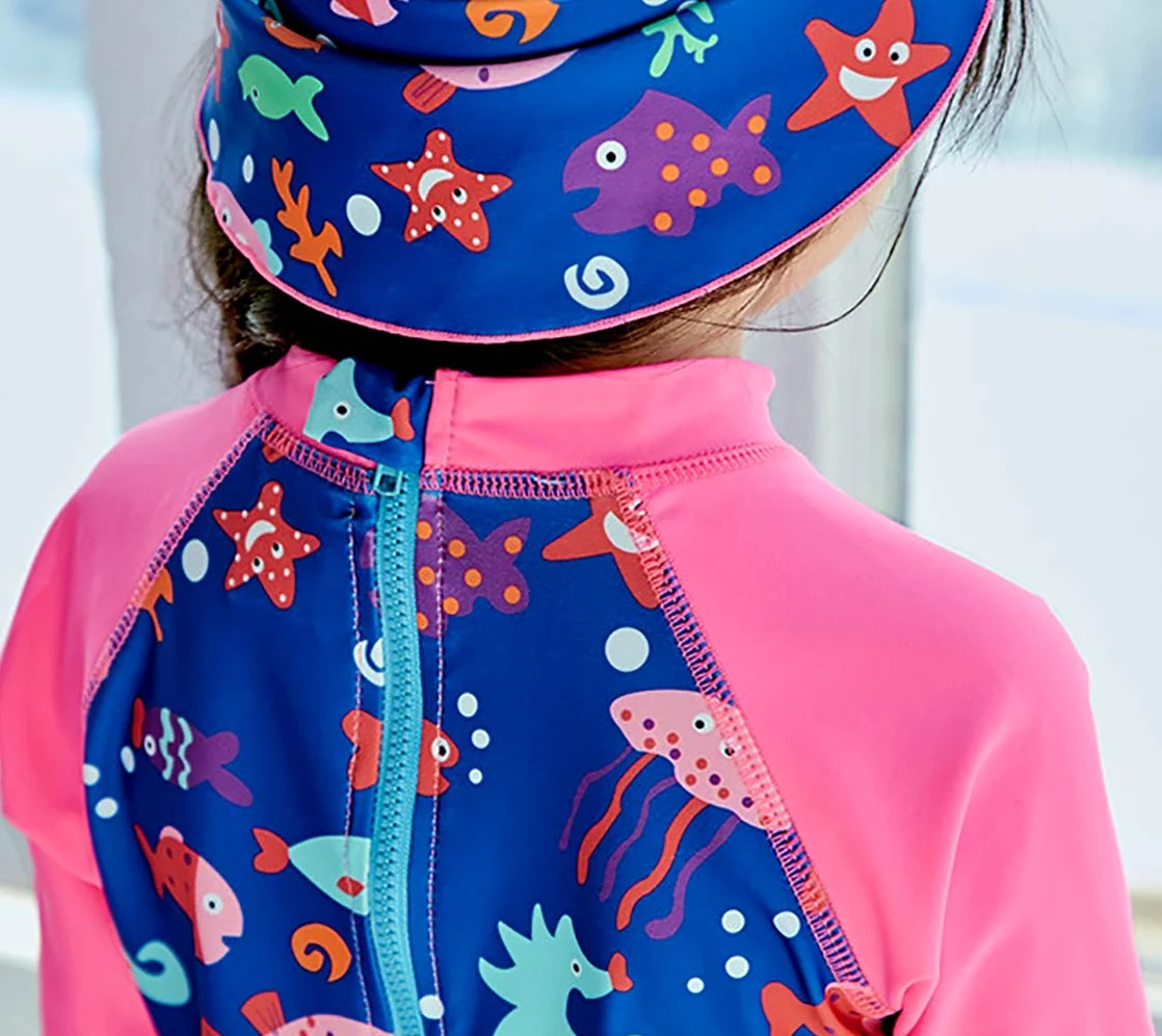 Tuta Costume da Bagno Intero Ragazze Bambina Protezione Solare UPF 50+ con Cappello da Sole Cartone