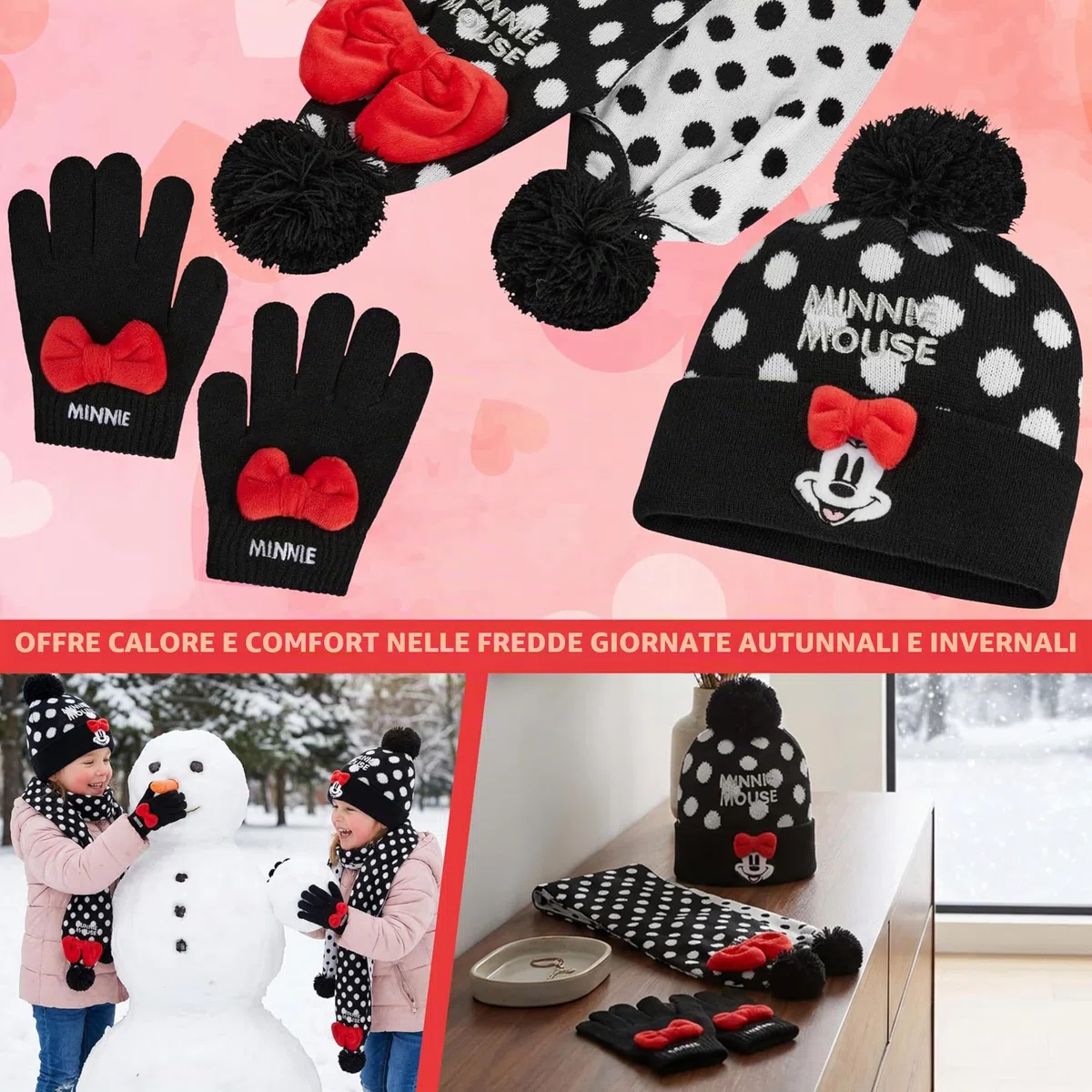 Disney Minnie Mouse Berretto, Sciarpa e Guanti Bambina, 3 Pz Maglia a Pois Accessori Invernali, Regalo Ragazza