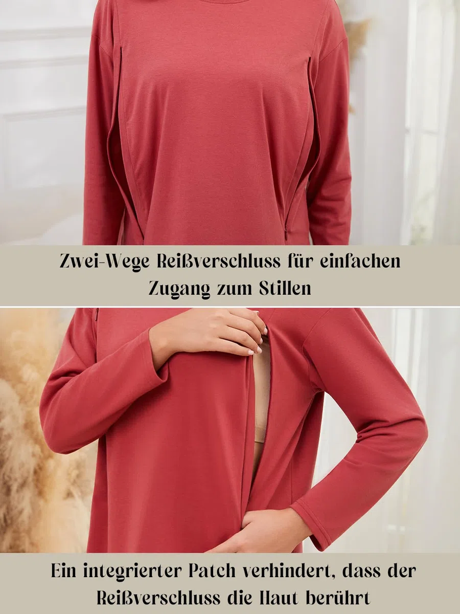 Maglietta da allattamento da donna, a maniche lunghe, con chiusura lampo nascosta, apertura per allattamento, abbigliamento premaman