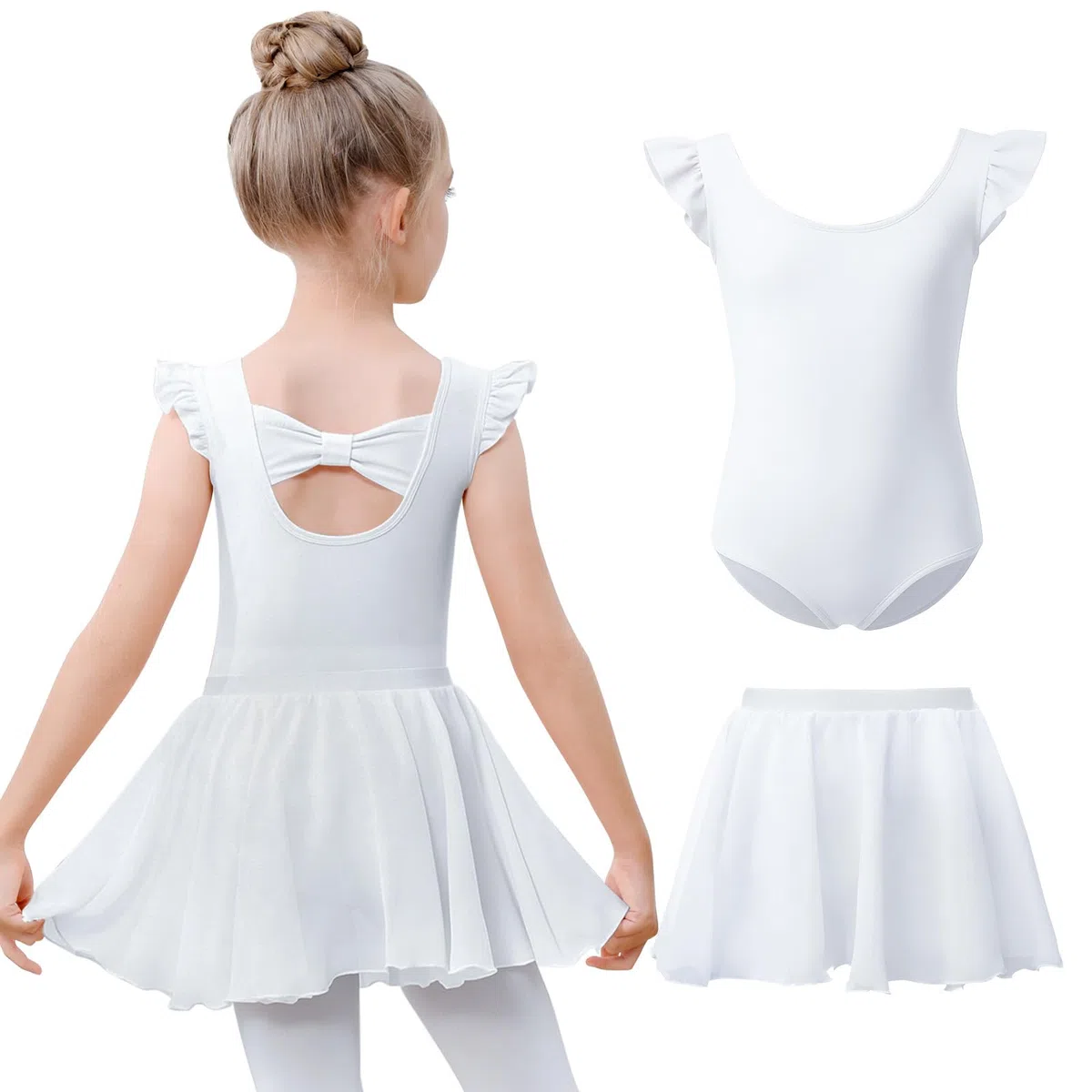 Body da danza per ragazze, con maniche svolazzanti, in cotone, con gonna rimovibile, vestito da ballerina per 3-11 anni