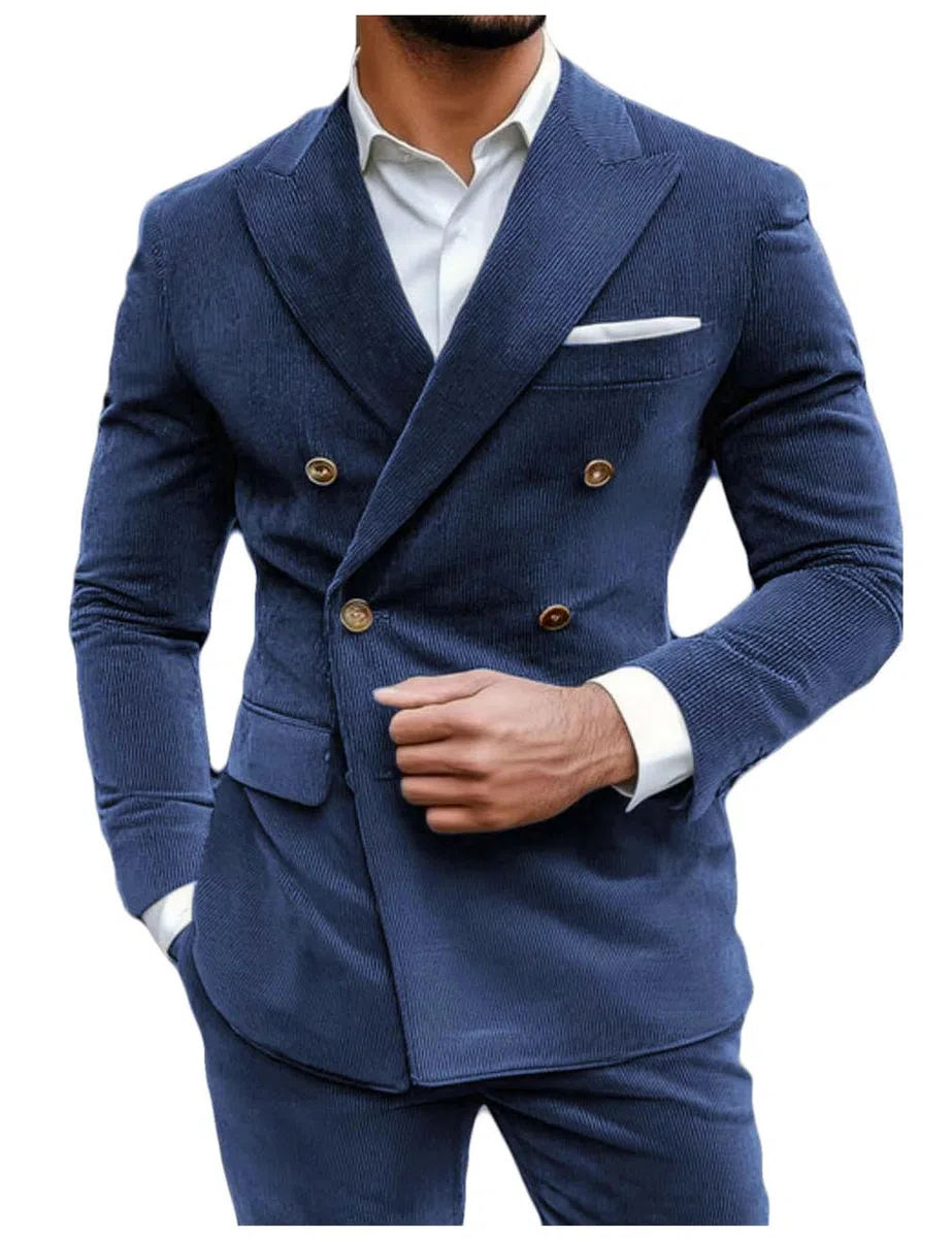 Giacca casual da uomo in velluto a coste doppiopetto con risvolto a punta, slim fit, cappotto sportivo formale