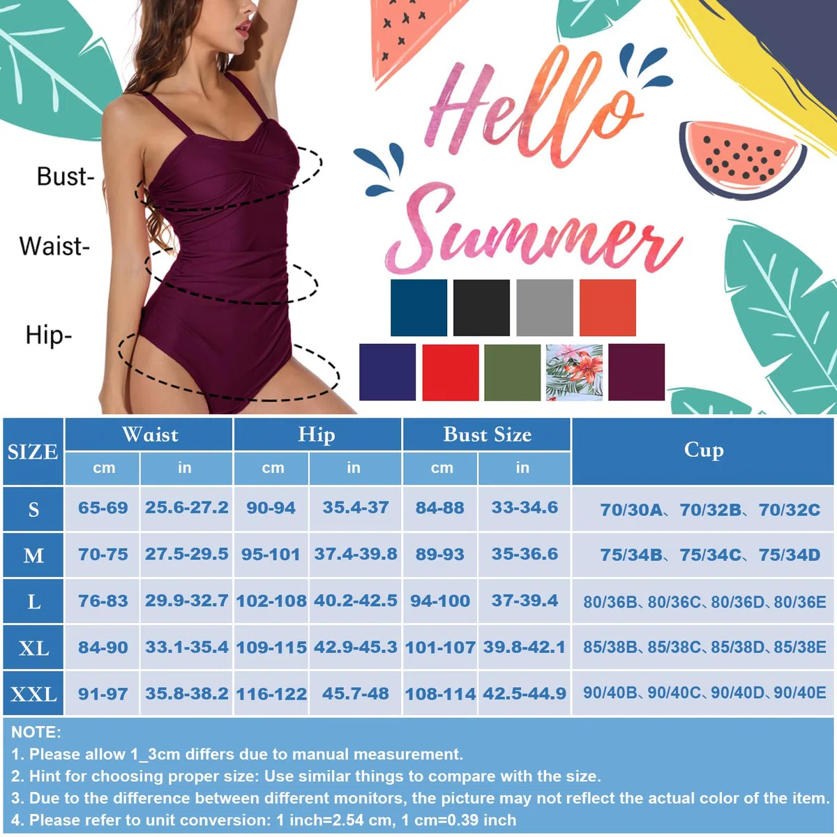 Yuson Girl Costume da Bagno Intero da Donna Sexy Costume Interi Push Up Tinta Unita Bikini Un Pezzo Vita Alta Floral Bandeau Swimsuit con Tracolla Regolabile Estate