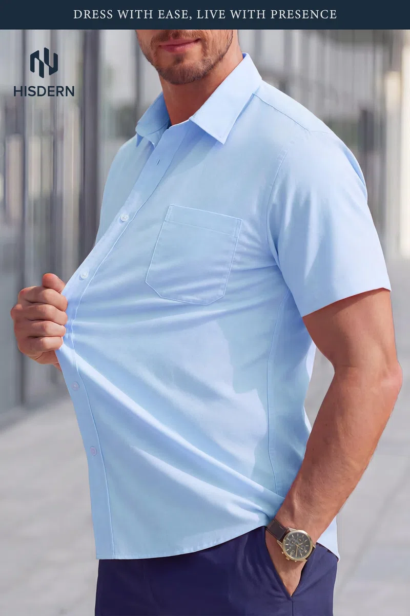 HISDERN Camicia Uomo Manica Corta Elasticizzata Non Stiro Regular Fit Elegante Estiva Business Casual da Lavoro con Taschino