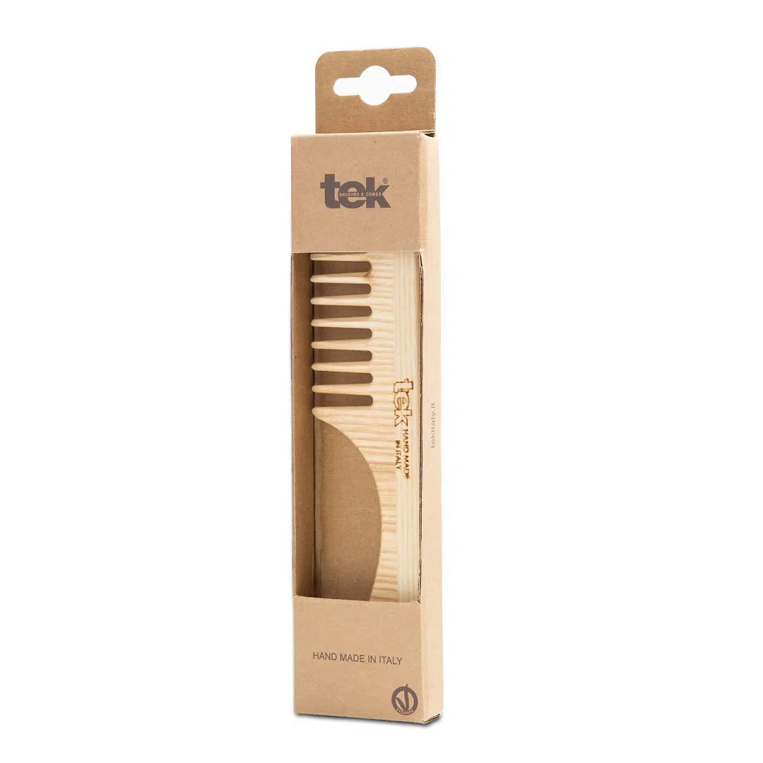 TEK - Pettine a Denti Radi con Manico in Legno di Frassino, Handmade in Italy, per Capelli Normali, Ricci o Mossi, Districante