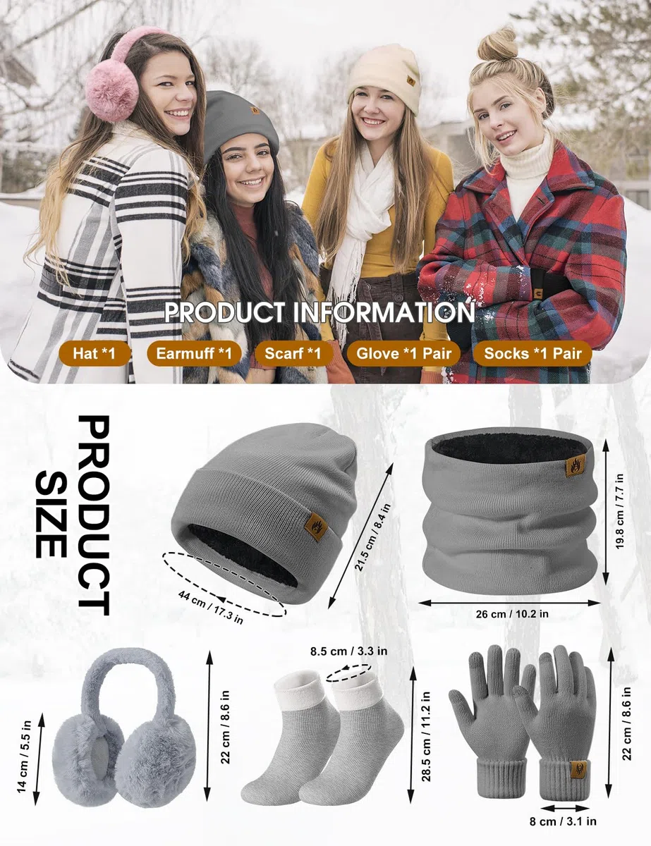 Donna Inverno Cappello Sciarpa e Touchscreen Guanti Set Caldo Scaldacollo Foderato Pile Berretto Sciarpa a Maglia Scaldaorecchie in Peluche Calze 5 Pezzi per Invernali Sport Sci all'aperto