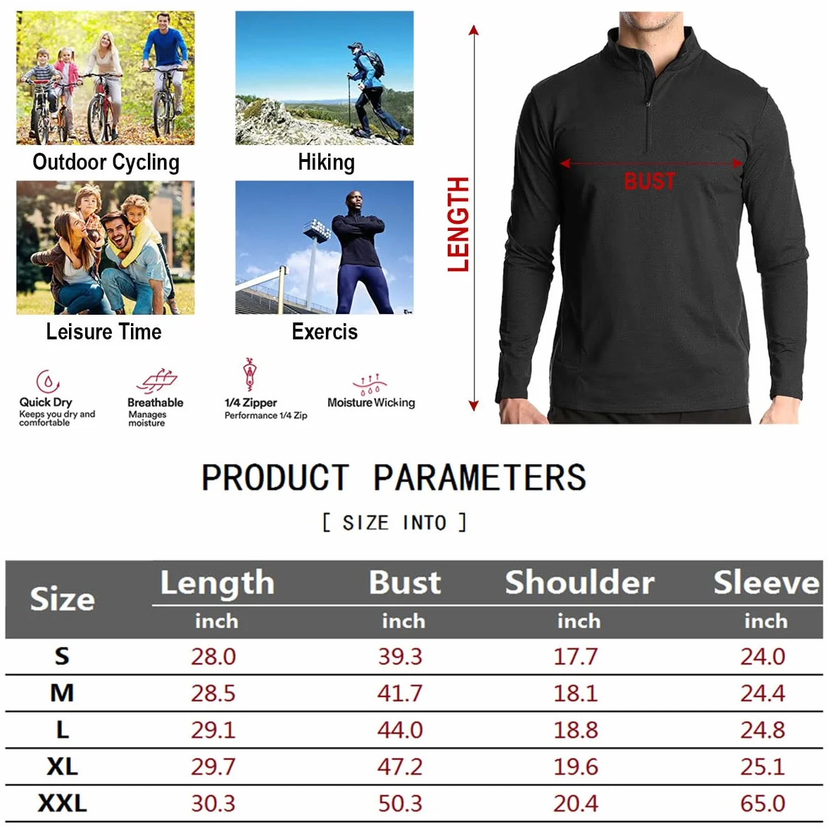 Maglietta sportiva a maniche lunghe da uomo con cerniera a 1/4 casual da palestra in esecuzione ad asciugatura rapida polo all'aperto calda escursionismo pesca top