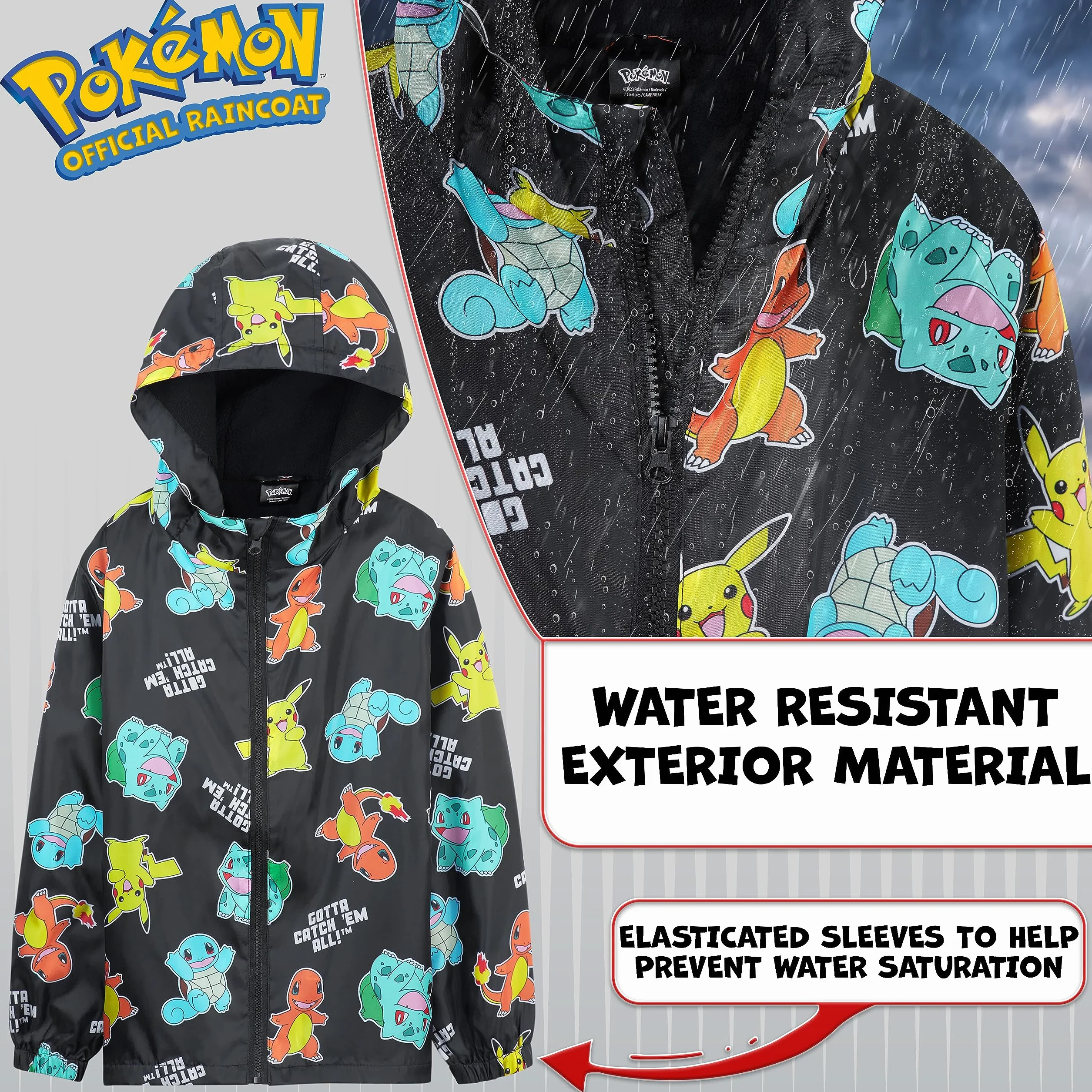 Pokémon Giacca Impermeabile Bambino - 100% Poliestere Giacca Antipioggia Bambino - Comoda Giacca Impermeabile Bambina e Bambini