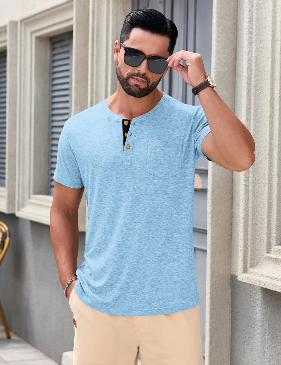 TARAINYA Henley T-Shirt Uomo Cotone Maglietta Maniche Corte Tinta Unita con Tasche Estate M-4XL