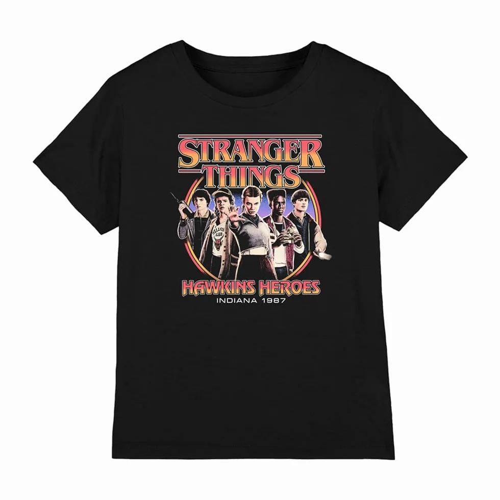 Stranger Things Stranger Things Hawkins Heroes Group 1987 Kids T Shirt, Black T-Shirt Unisex - Bambini e Ragazzi (Pacco da 1)