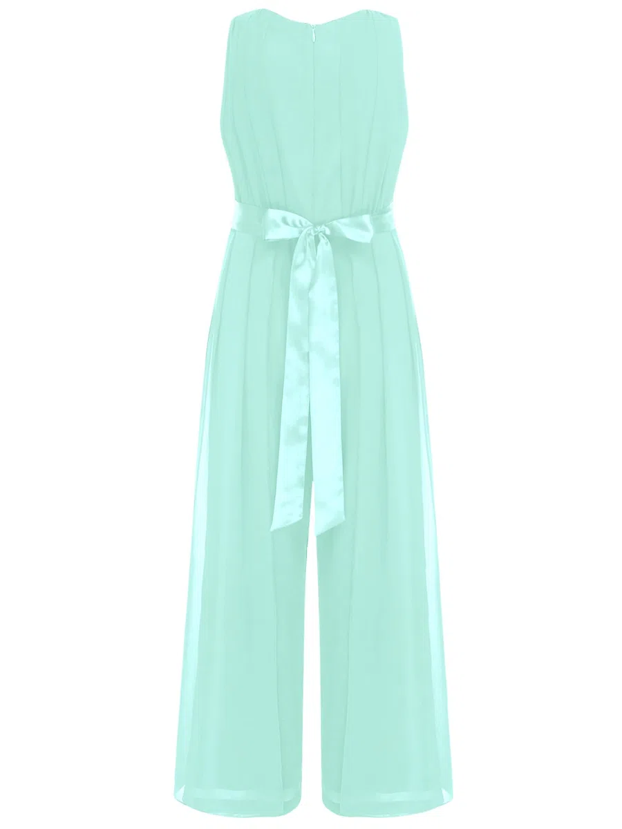 YiZYiF Tuta Elegante Jumpsuit per Bambina Senza Maniche Salopetta in Chiffon con Fiori e Cintura Lunga Overall Per Matrimonio