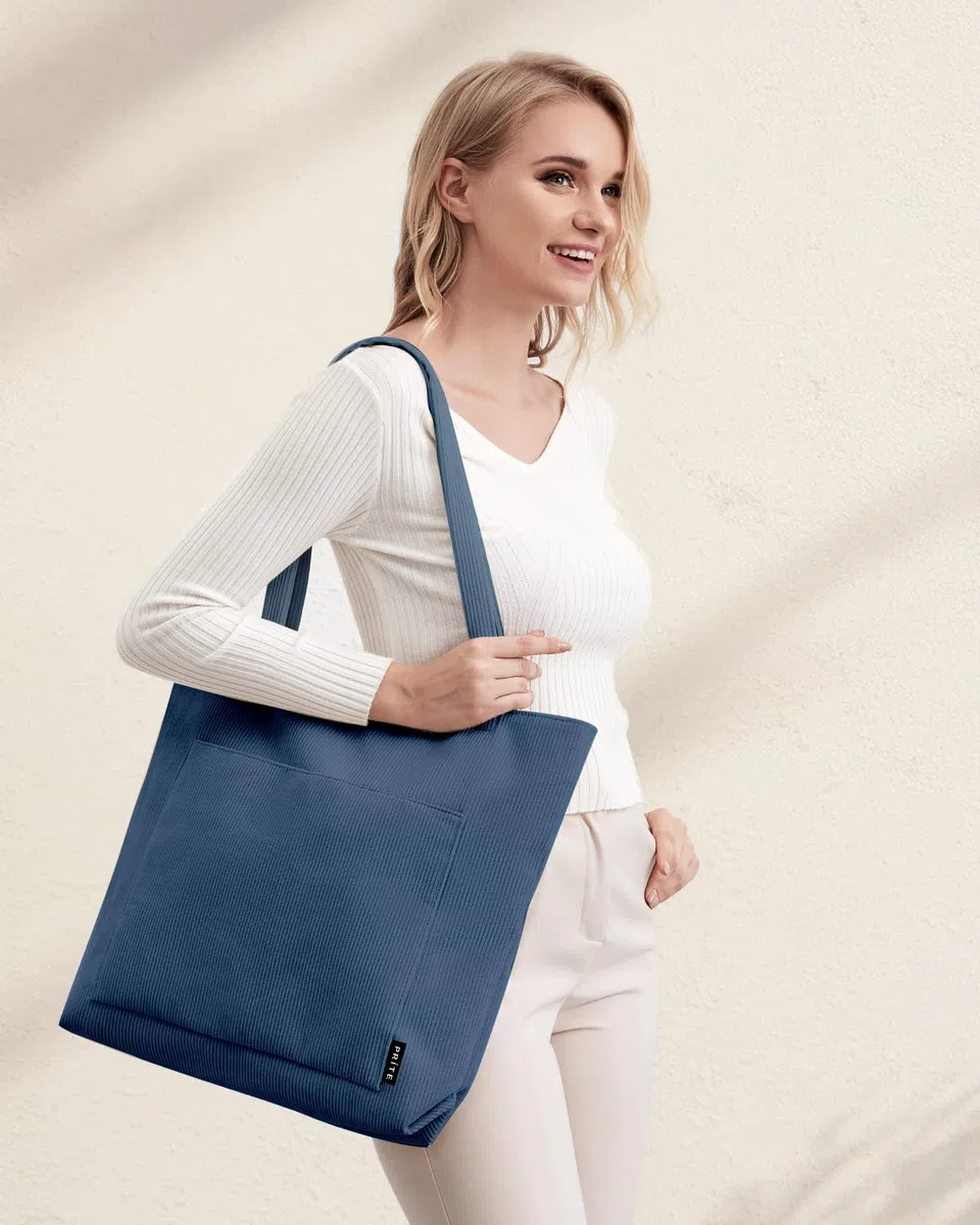 Prite Borsa tote in velluto a coste da donna con cerniera, grande capacità, borsa a tracolla con tracolla regolabile e tasche, borsa impermeabile per lavoro, scuola, shopping, viaggi, università