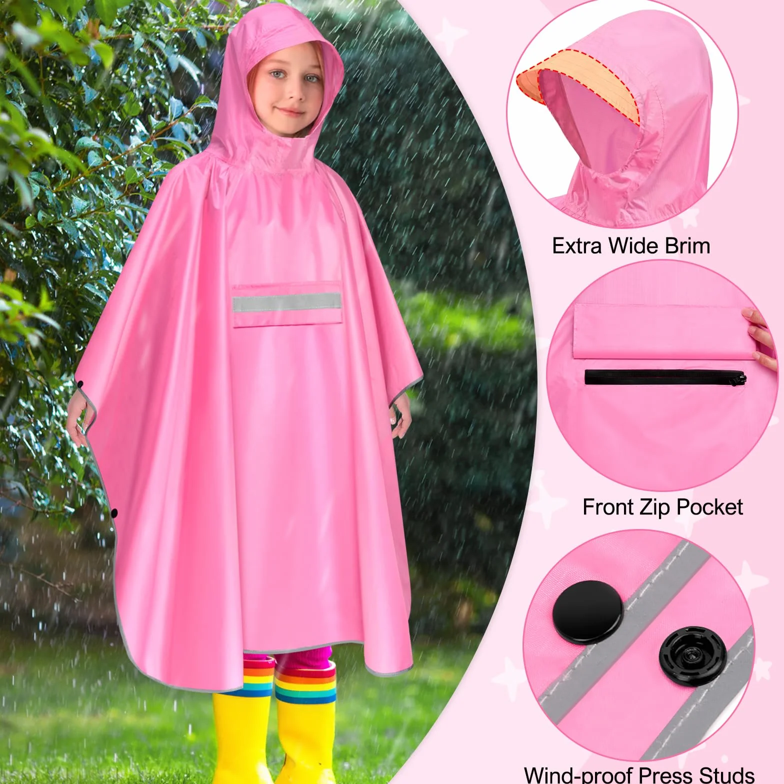 Mantella Antipioggia Bambino Leggero Poncho Antipioggia Bambino Impermeabile Con Strisce Riflettenti Unisex Poncho Antipioggia Per Ragazze E Ragazzi 120-160cm