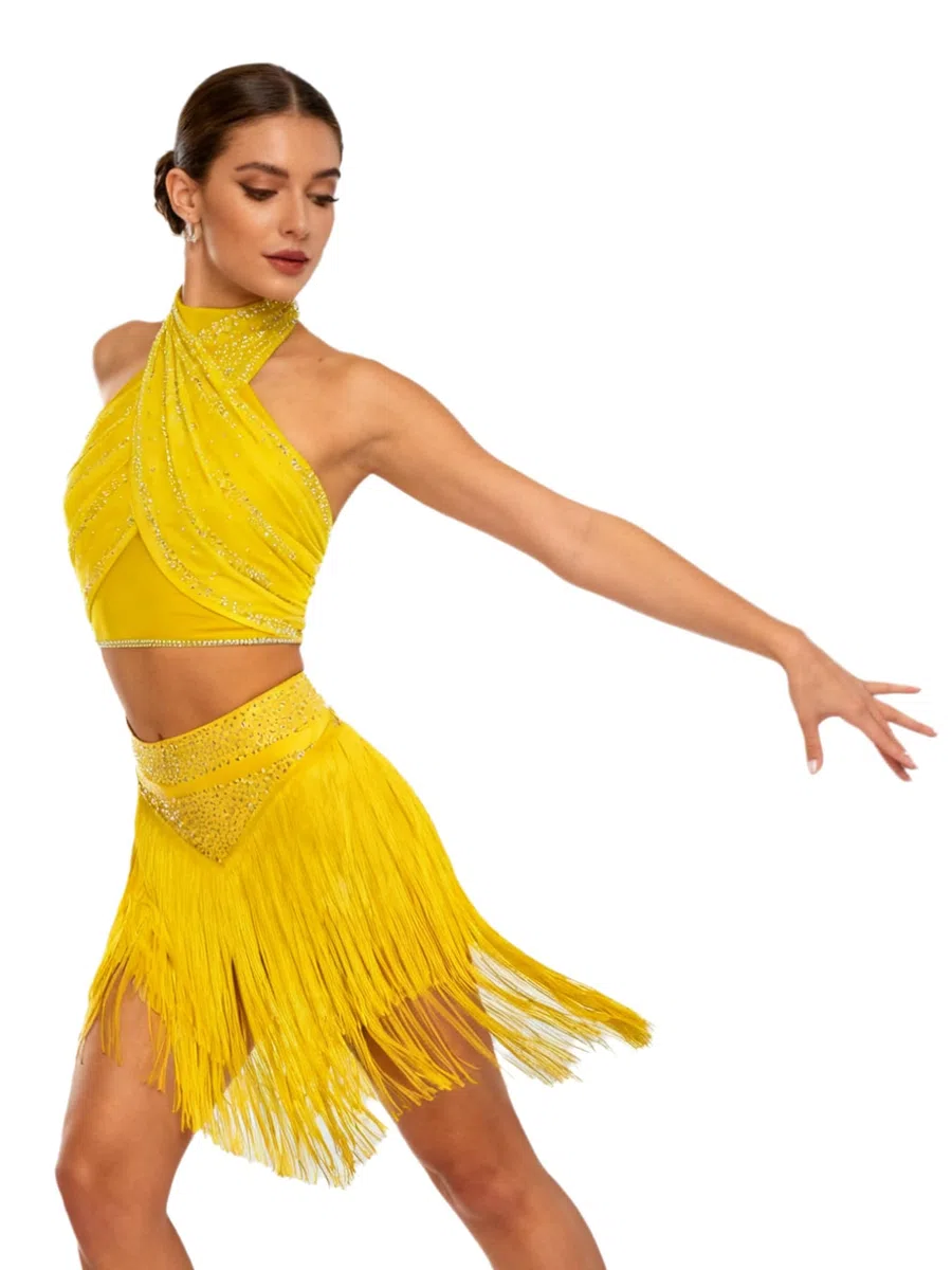 Freebily Abito da Ballo Latino Americano Donna con Frange Nappe Vestito da Danza Salsa Latina Moderna Abito da Pattinaggio Artistico con Strass Costume Danza del Ventre