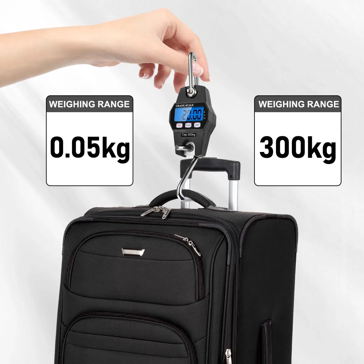 Bilancia sospesa, portatile, digitale, 300 kg, bilancia digitale con gancio, bilancia elettronica con display LCD e sensore a molla di ricarica preciso per viaggi, vita familiare, valigia, pesca (nero