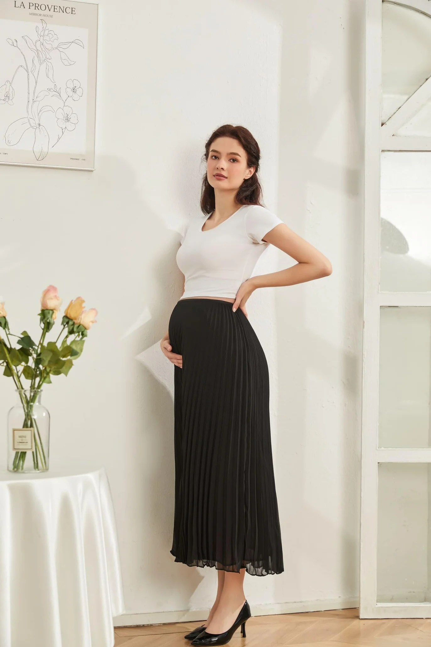 Gonna Premaman Gravidanza da Donna Plissettata Elastica a Vita Alta, sopra la Pancia, A Linea maternità in Chiffon