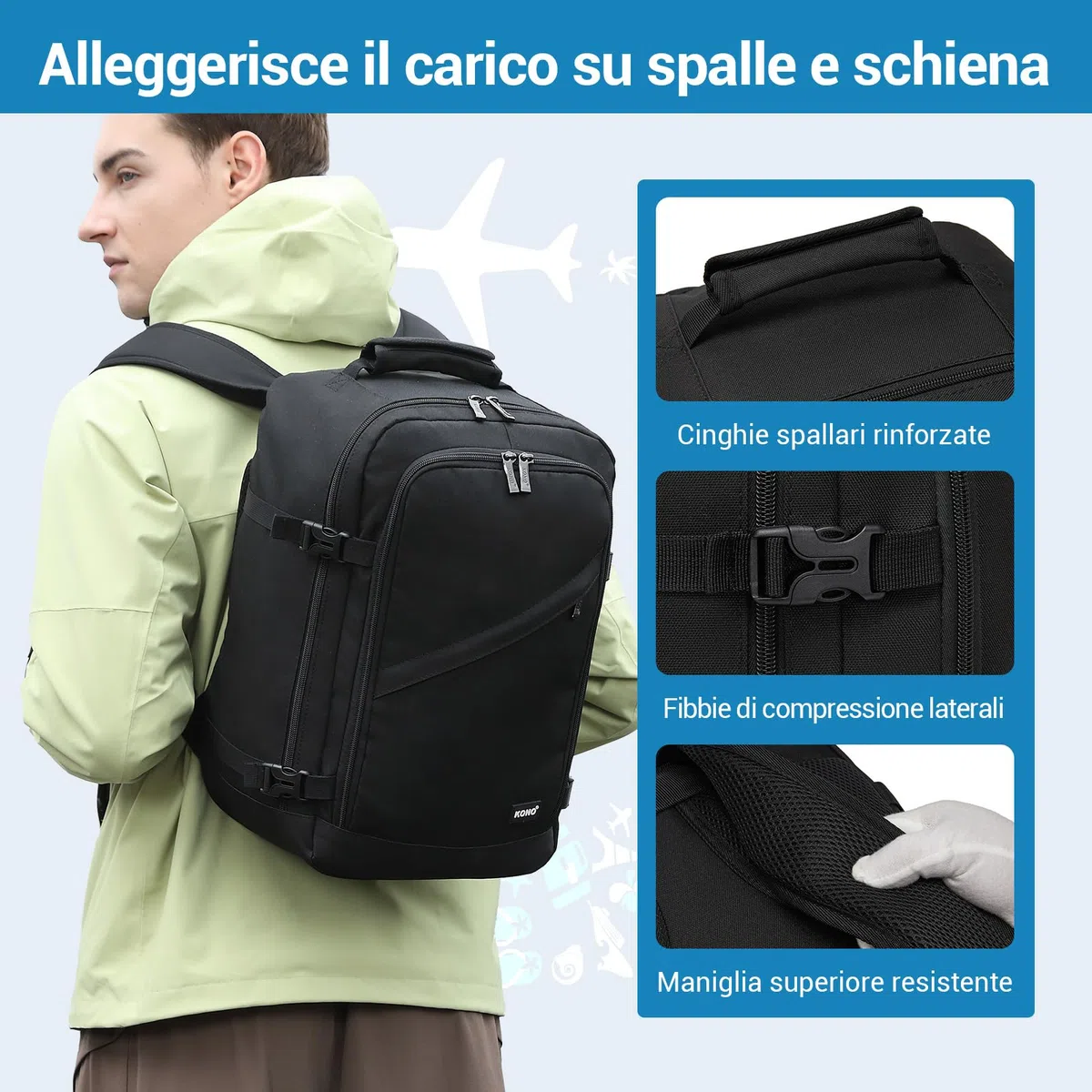 KONO Zaino Ryanair 40x30x20, Zaino da Viaggio e Bagaglio a Mano per Aereo, Zaino Porta PC con Apertura a 180° per Wizz Air e EasyJet (40 x 30 x 20 cm, Nero)