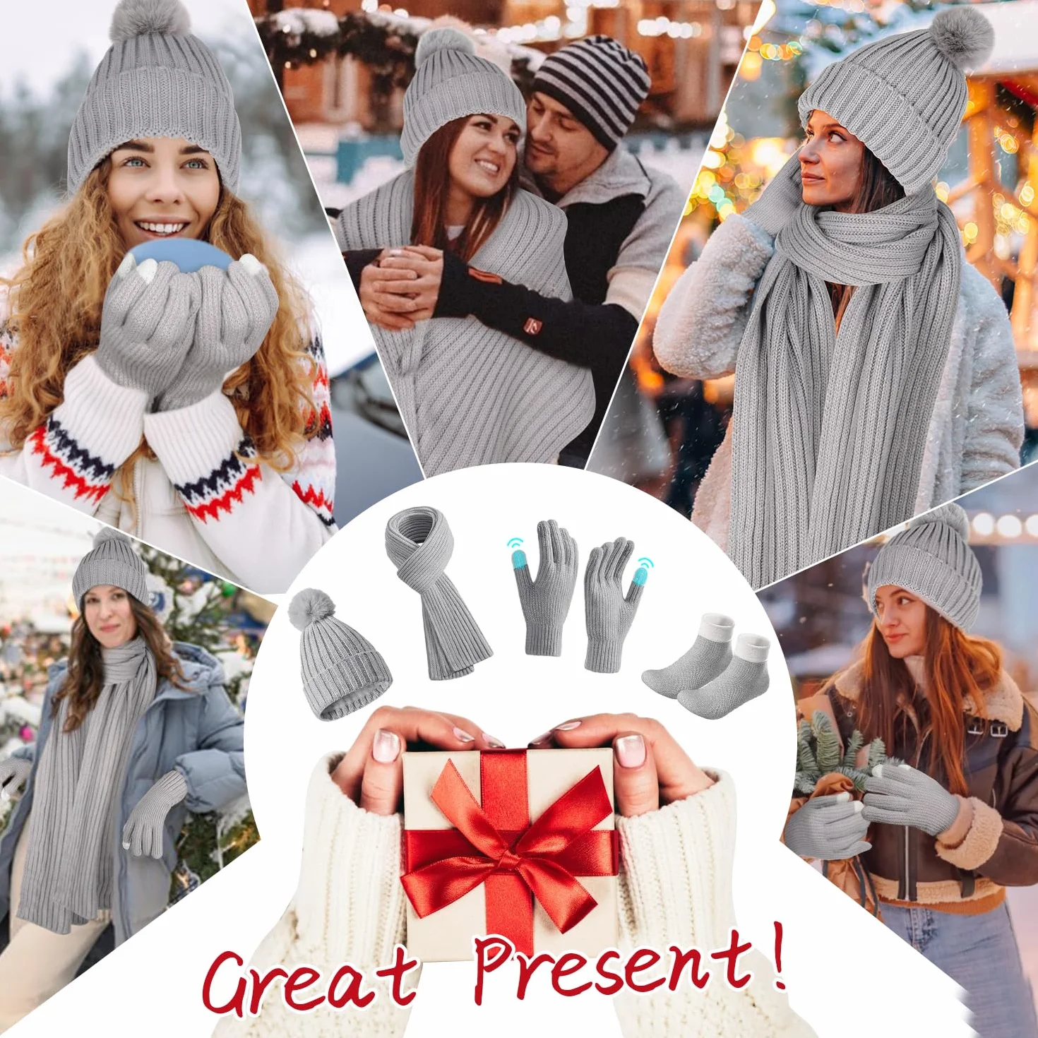 Set Cappello Guanti Sciarpa Invernale, 4 Pezzi Cappello e Scaldacollo Guanti Touch Screen Calzini, Set Regalo Berretto Sci Caldo Lavorato Maglia Spessa per Donne Sport All'Aria Aperta Invernali