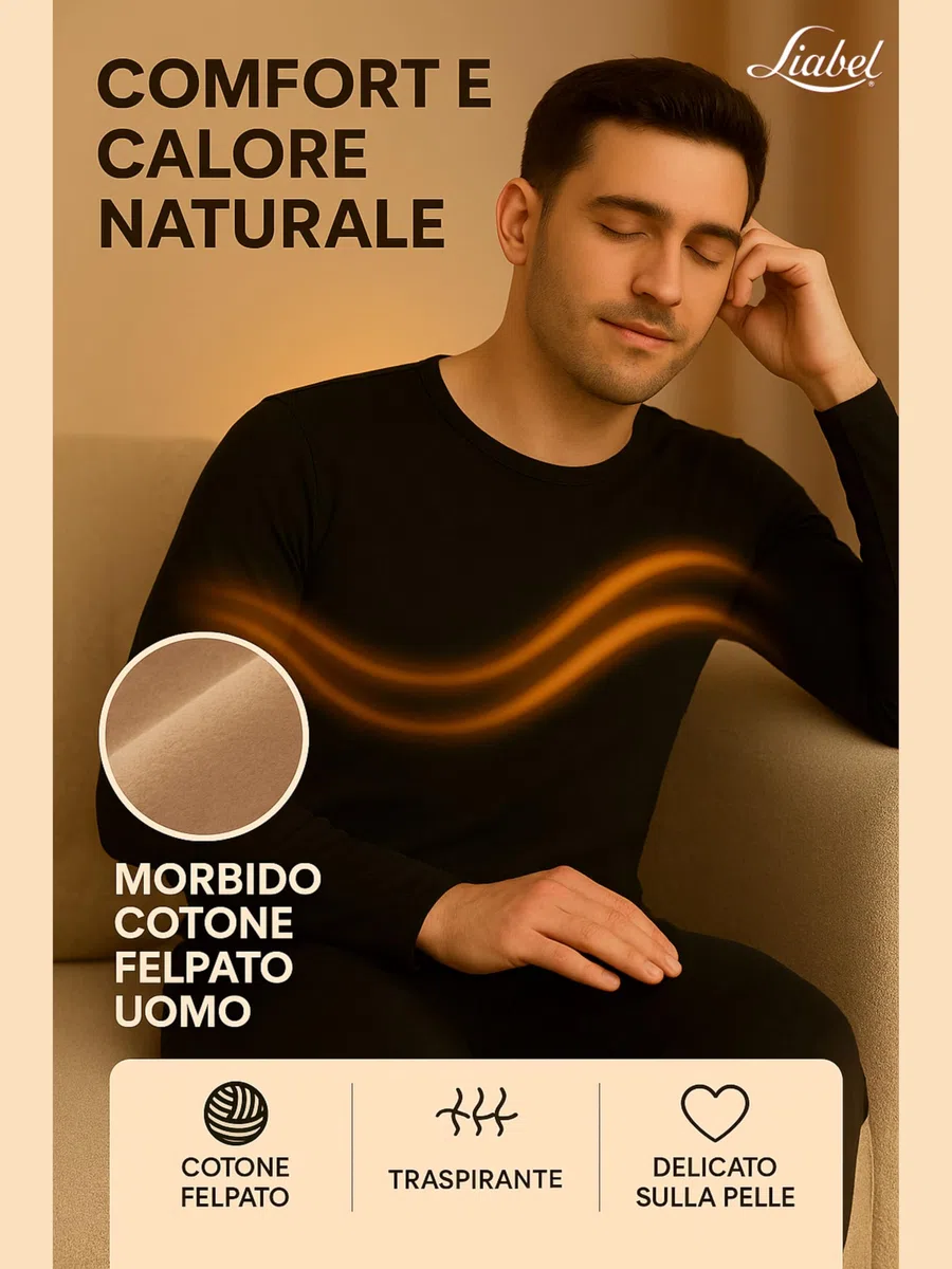 Liabel Maglia Intima Uomo Caldo Cotone Manica Lunga (Confezione da 2) Soffice Maglia Intima Invernale Effetto Termico Naturale Bianche o Nere