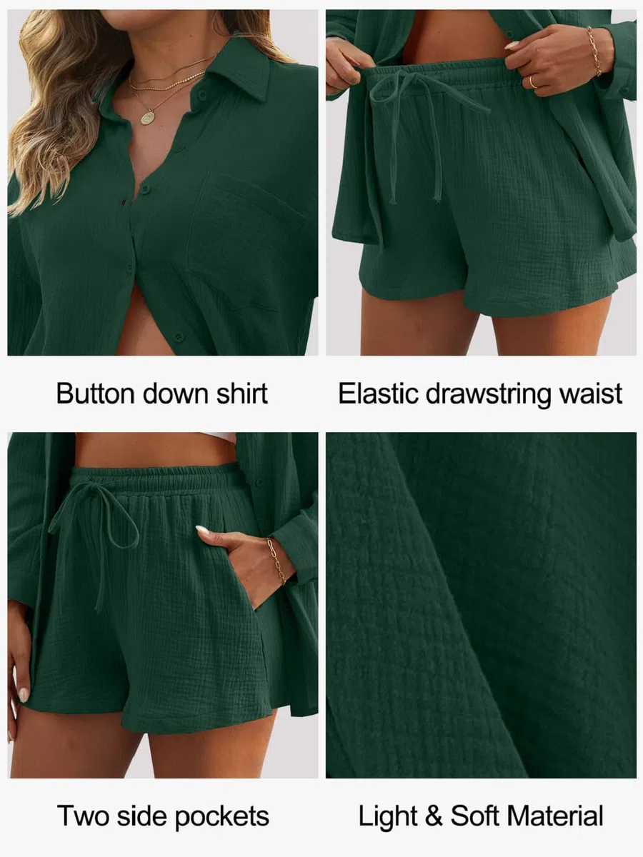 CheChury Completo Donna 2 Pezzi in Lino e Cotone Tuta da Donna Elegante Estivi Casual Tuta Estiva 2 Pezzi Set Camicia a Maniche Lunghe e Pantaloncini a Vita Alta con Coulisse Tasche Spiaggia Vacanza