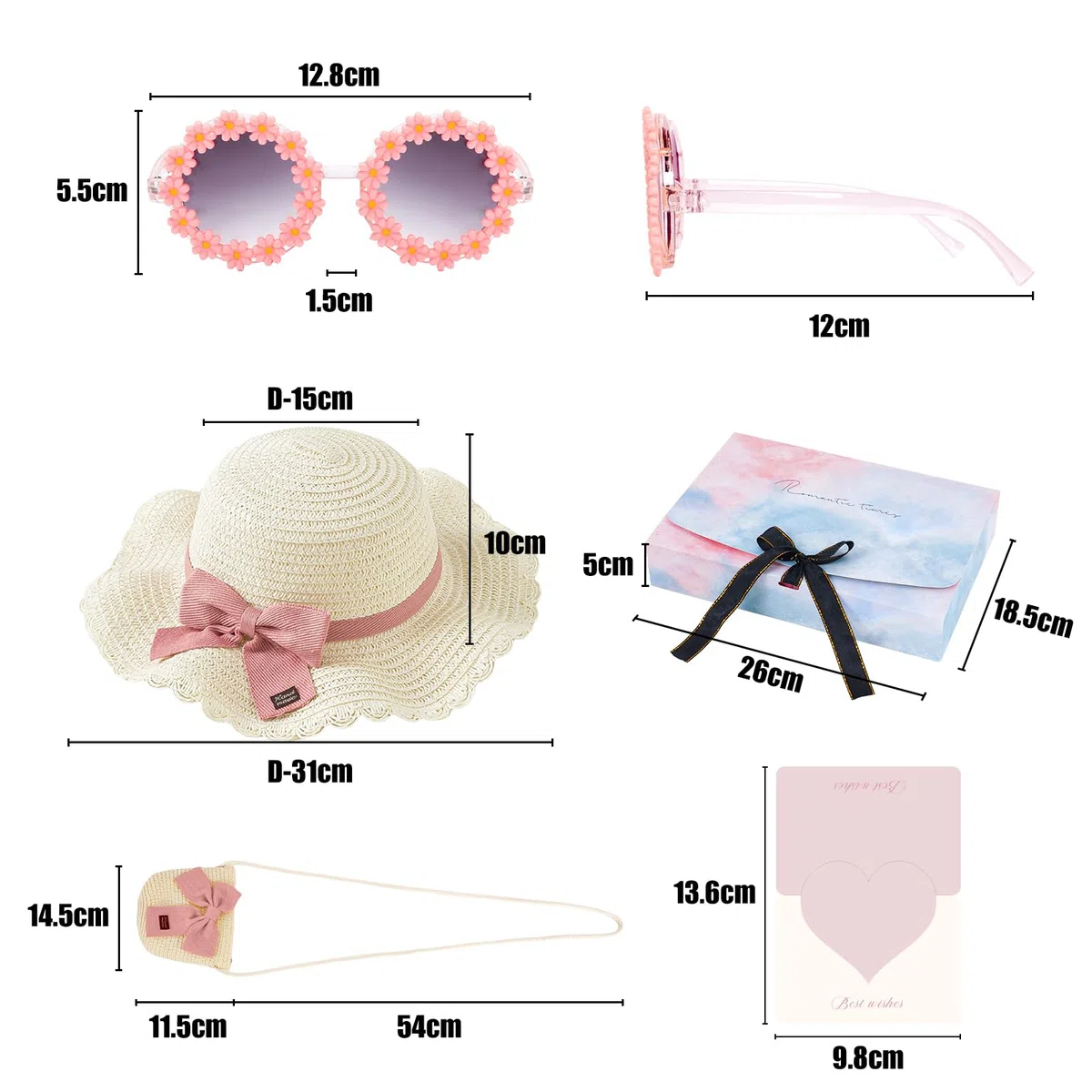 Set di Cappello da Sole per Ragazze,con Borsa e Occhiali da Sole,Cappello d'Estate per Bambini,per Vacanze,Spiaggia e attività Outdoor,Regali per la Giornata dei Bambini