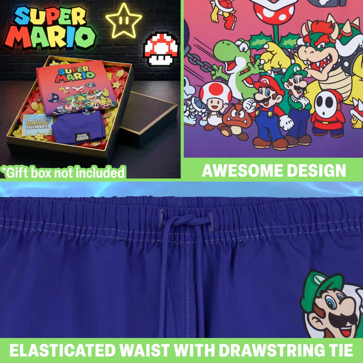 Get Trend Super Mario - Costume da bagno per ragazzi, 2 pezzi, a maniche corte, rash guard e costume da bagno, UPF 50+, accessori per piscina e spiaggia