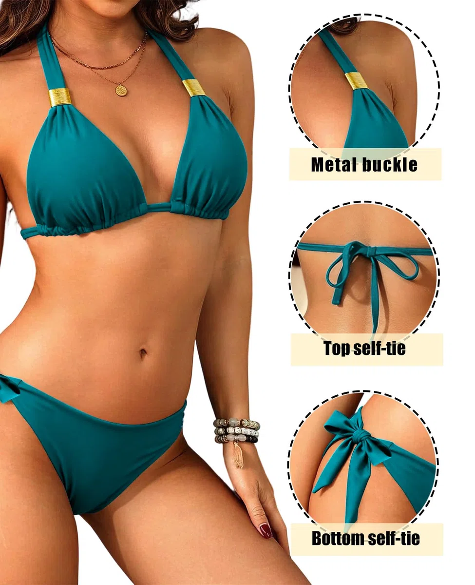 Rayson Bikini Donna Due Pezzi Elegante Costume da Bagno Halter Mare a V con Fibbie Metallici Dorati Set Bikini Top e Slip con Fiocco Lacci Laterali