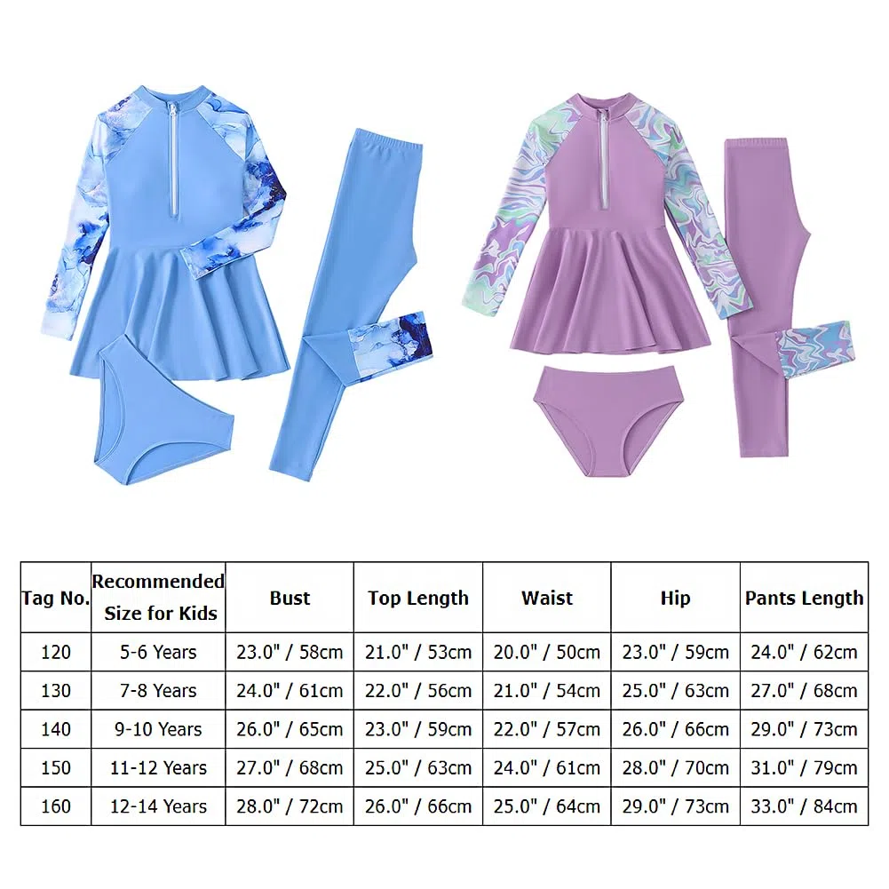 IMEKIS Costume da bagno islamico musulmano da bambina Burkini, a maniche lunghe, con pantaloni e pantaloncini bikini, 3 pezzi, costume da bagno per bambini
