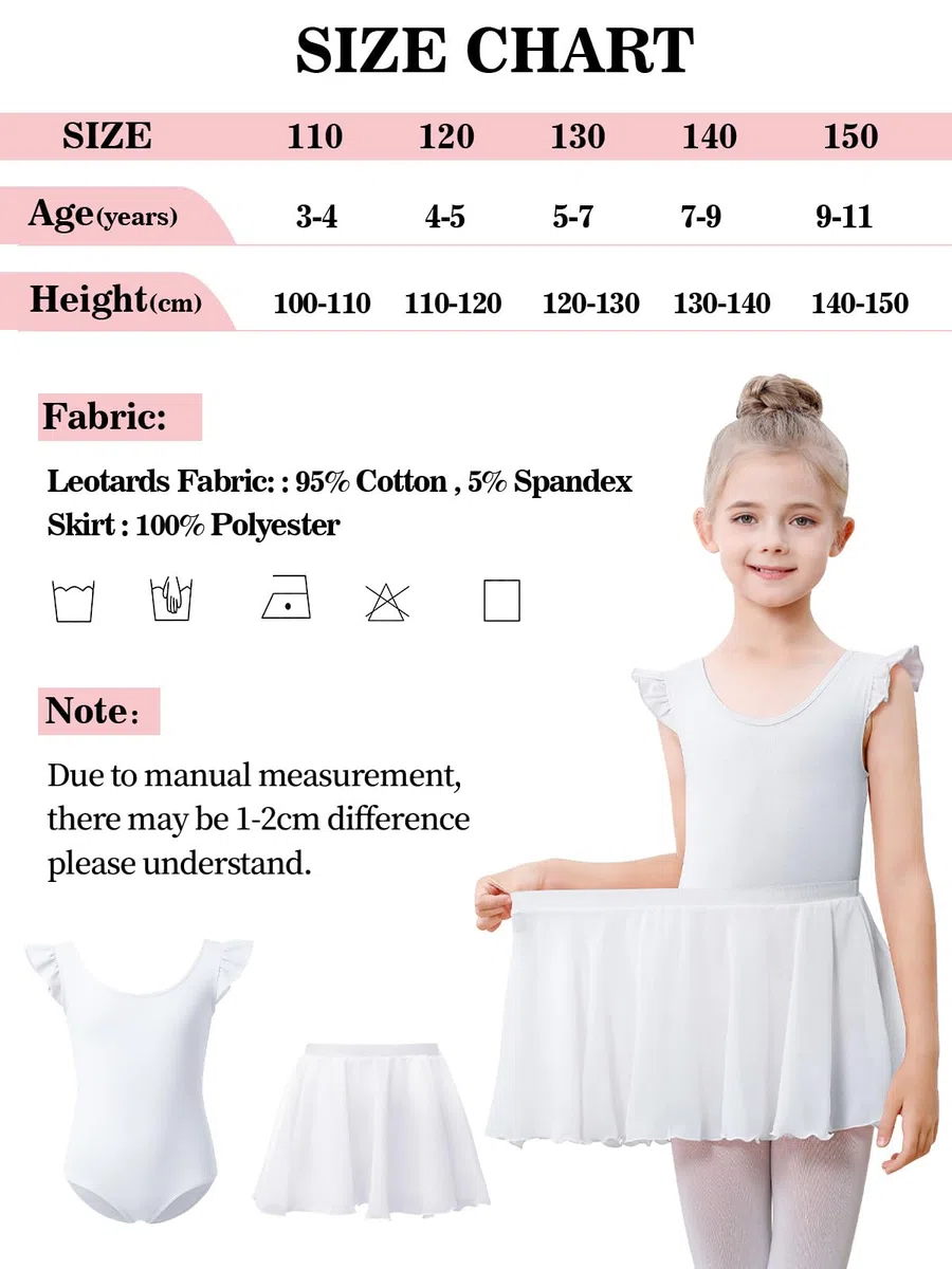 Body da danza per ragazze, con maniche svolazzanti, in cotone, con gonna rimovibile, vestito da ballerina per 3-11 anni