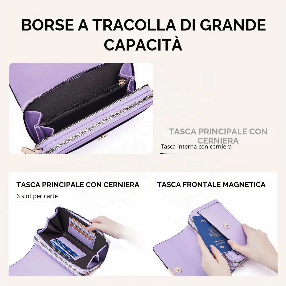 Roulens Borse a Tracolla da Donna,Piccola Borsa per Telefono a Tracolla per Donna con 2 Scomparti Capienti,Borsa Mano PU Pelle Sintetica con Slot per Carte di Credito Cinturino