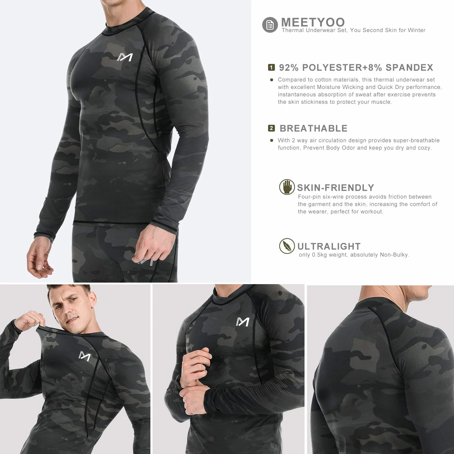 MEETYOO Set di Biancheria Intima Termica da Uomo, Lunga e Funzionale, Traspirante, a Compressione, per Allenamento, Sci, Corsa, Escursionismo