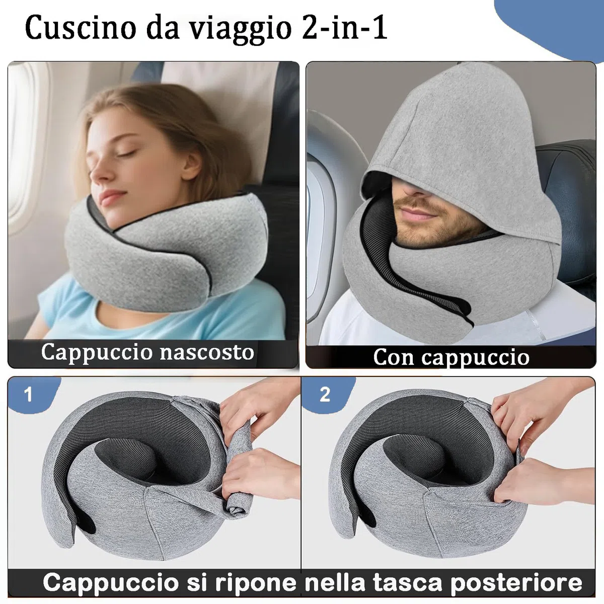 Cuscino da Viaggio Memory Foam con Cappuccio Regolabile | Cervicale Ergonomico 360° Aereo Treno Auto Ufficio | Federa Lavabile - Incluso Custodia e Tappi (Grigio Chiaro)