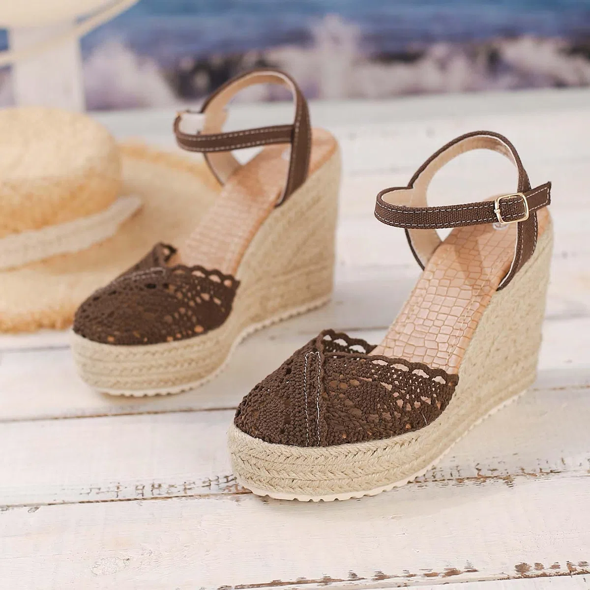 Generico Sandali da donna, estivi, espadrillas, con zeppe, piattaforma, scarpe a punta chiusa, in pizzo, comodità, cinturino alla caviglia, vintage per vacanze, tacco chiuso e sandali da donna Regalo